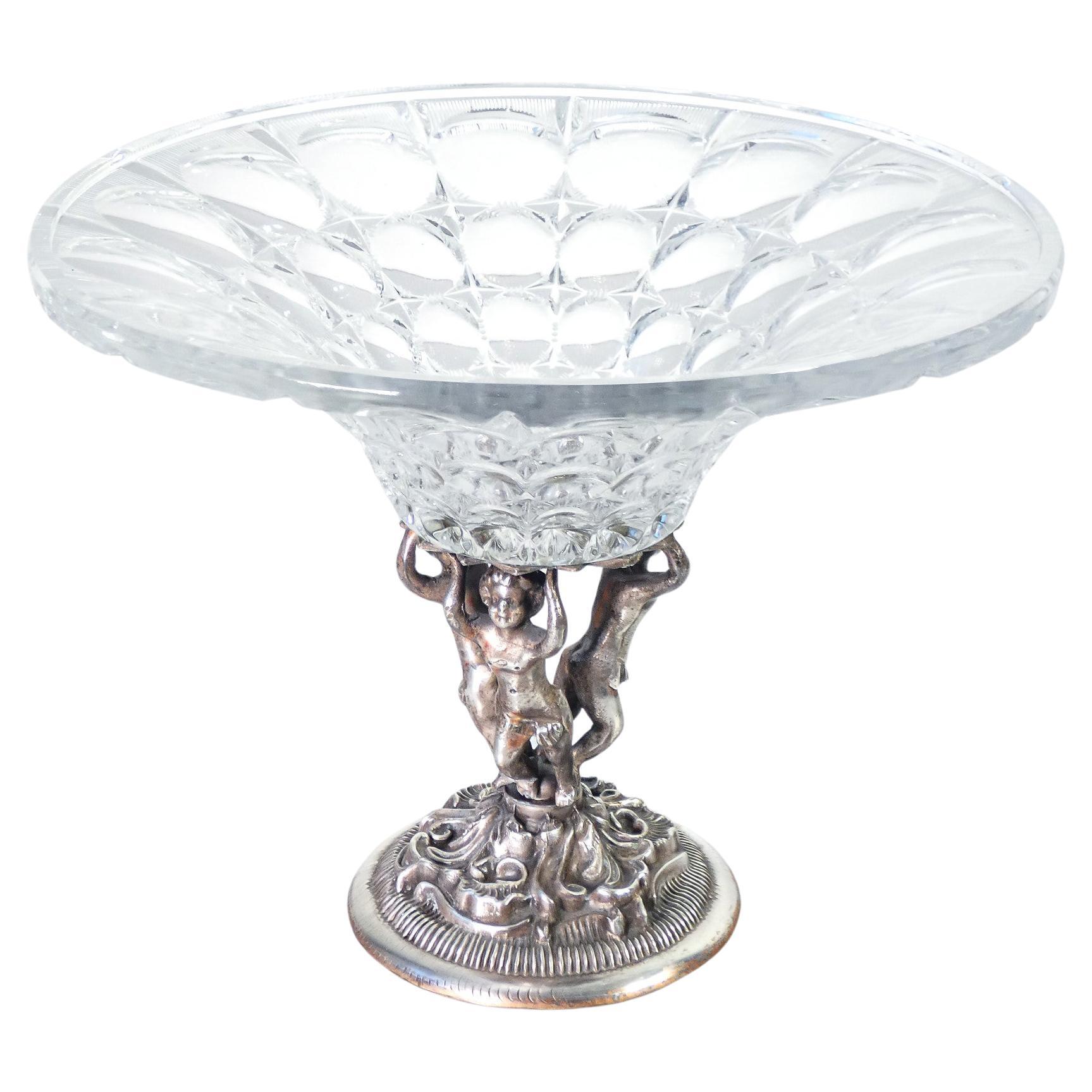 Tray in Cut Crystal Base with Sculptures of Putti in Sheffield, Early 20th C. For Sale