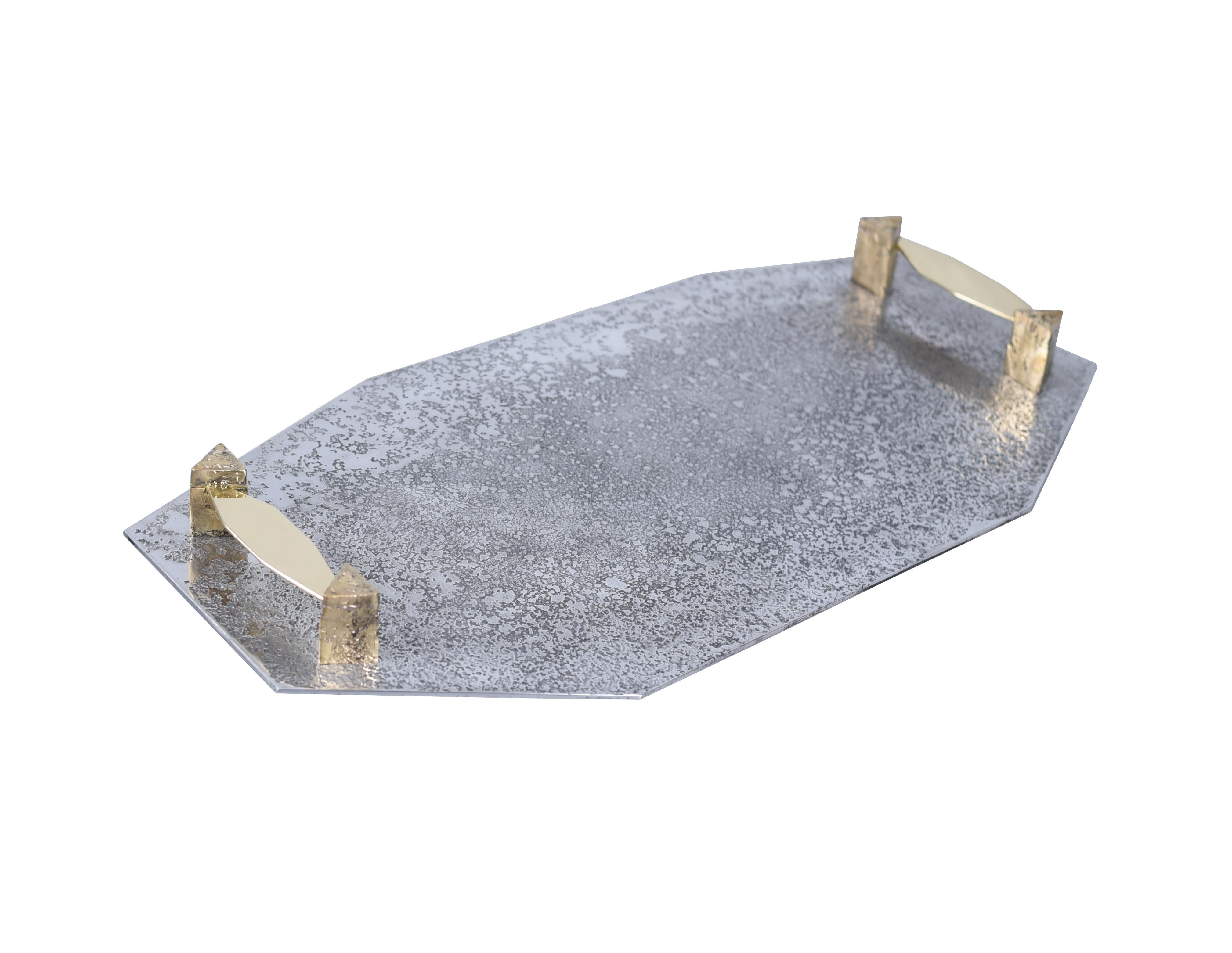 French Tray in Etched Aluminium and Brass Gemini by Arriau For Sale