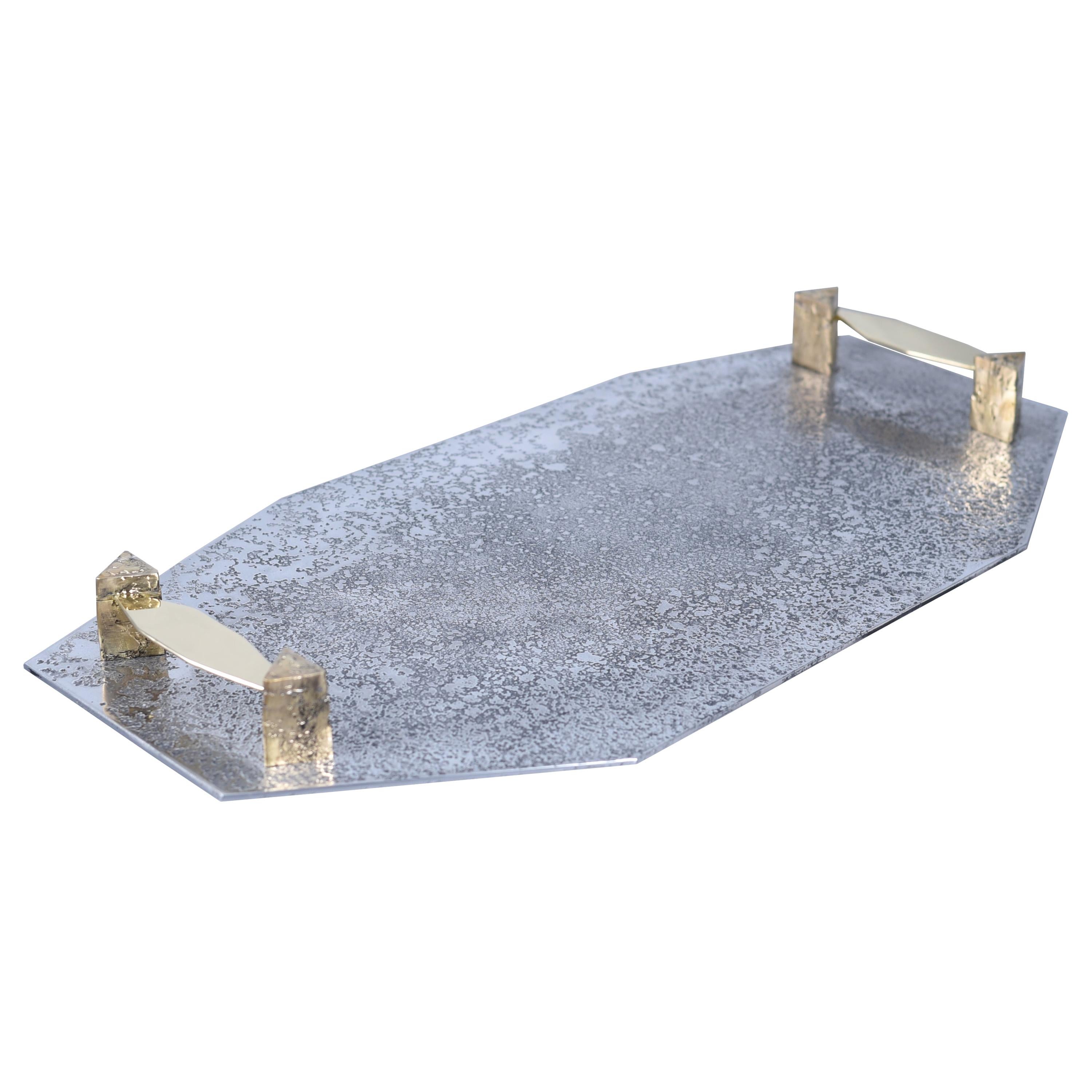 Tray in Etched Aluminium and Brass Gemini by Arriau For Sale