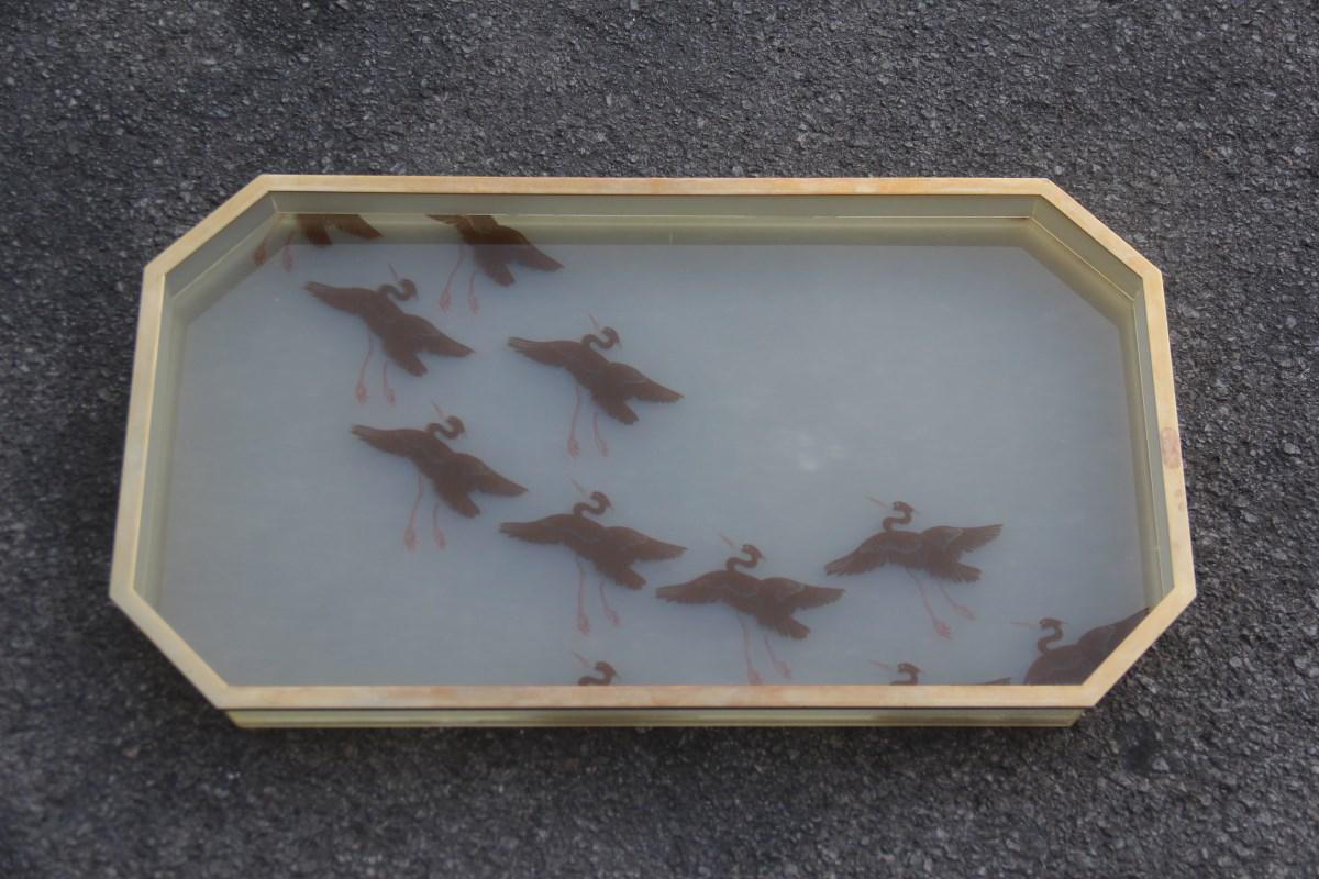 Tray in Lucite and brass with decorations by Herons Italian design 1970 gold.