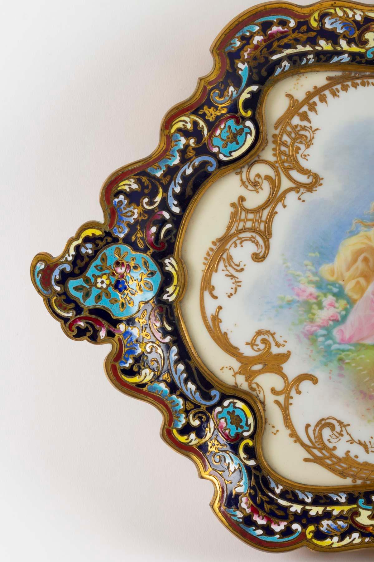 Napoleon III Tray in Partitioned Bronze, Rich Decoration, Central Tray in Porcelain, Napoleon