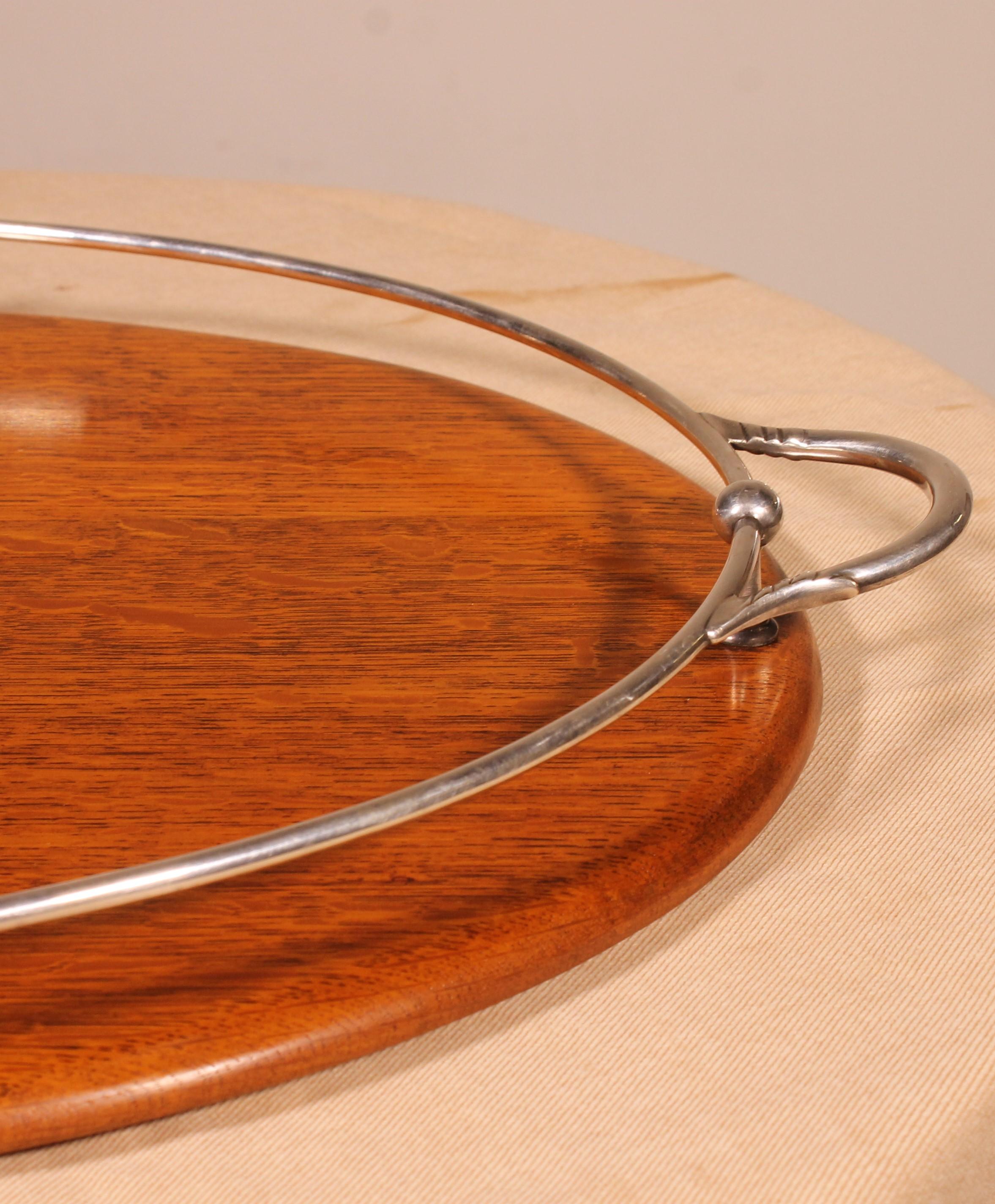 Late Victorian Tray In Silver Plated Metal And Oak From The 19th Century