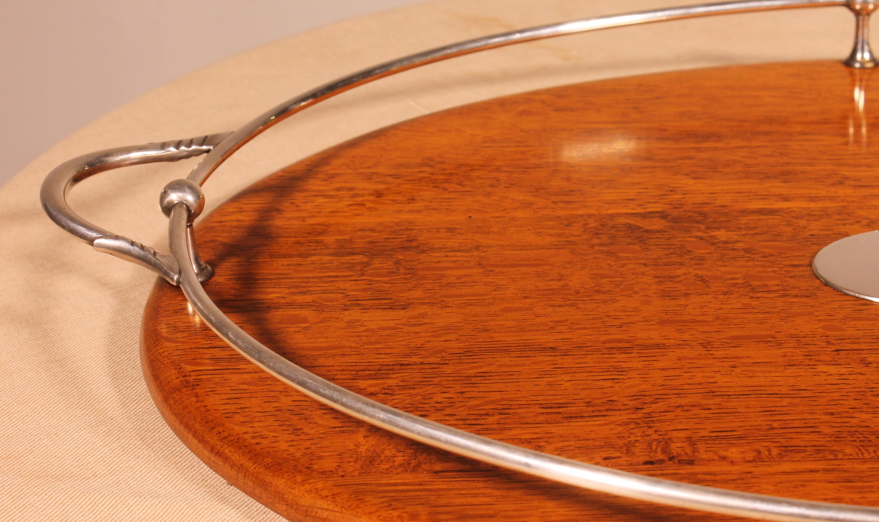 British Tray In Silver Plated Metal And Oak From The 19th Century