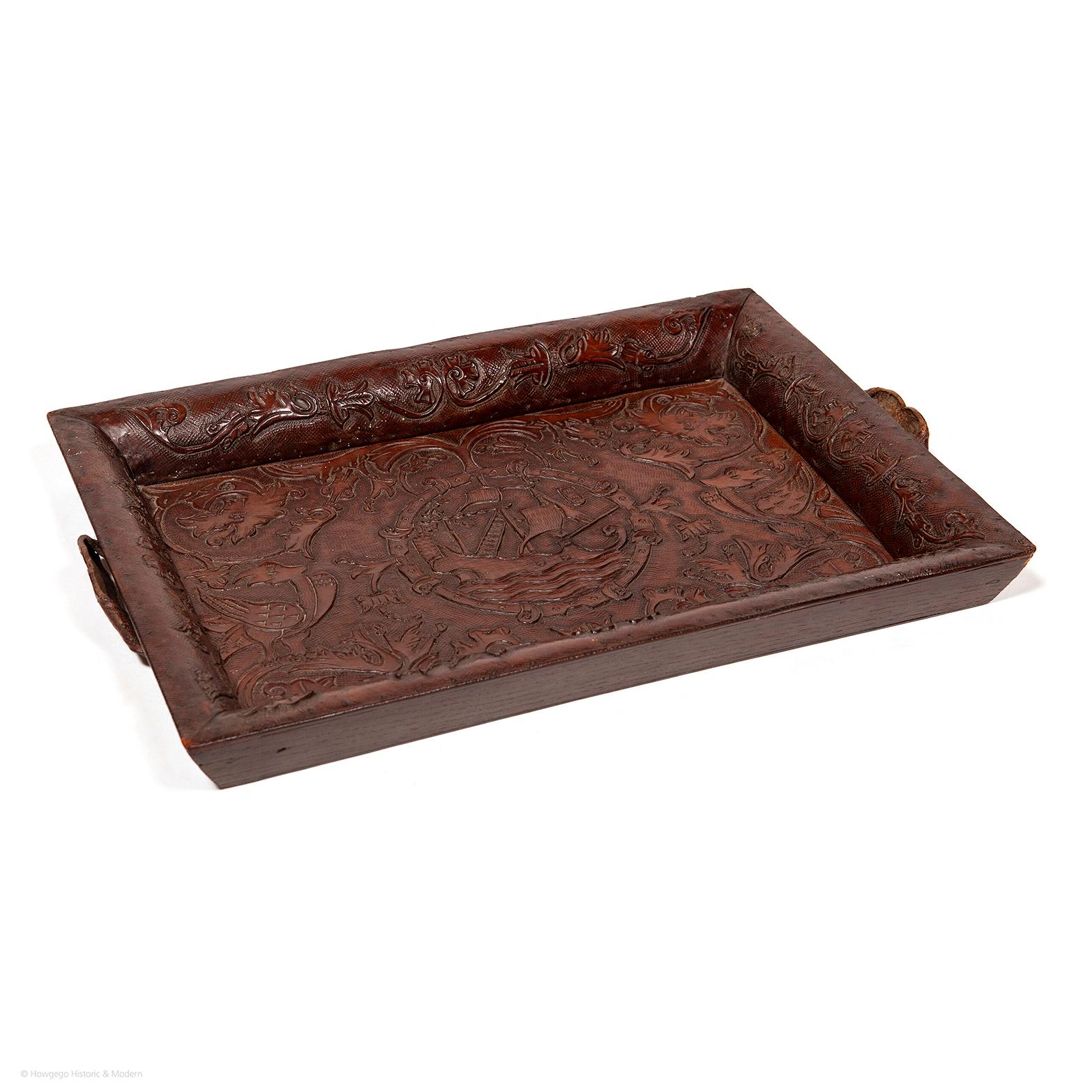 Baroque Revival Tray Leather Embossed Nautical Design Galleon Tulip Mythical Bird Brown Baroque For Sale