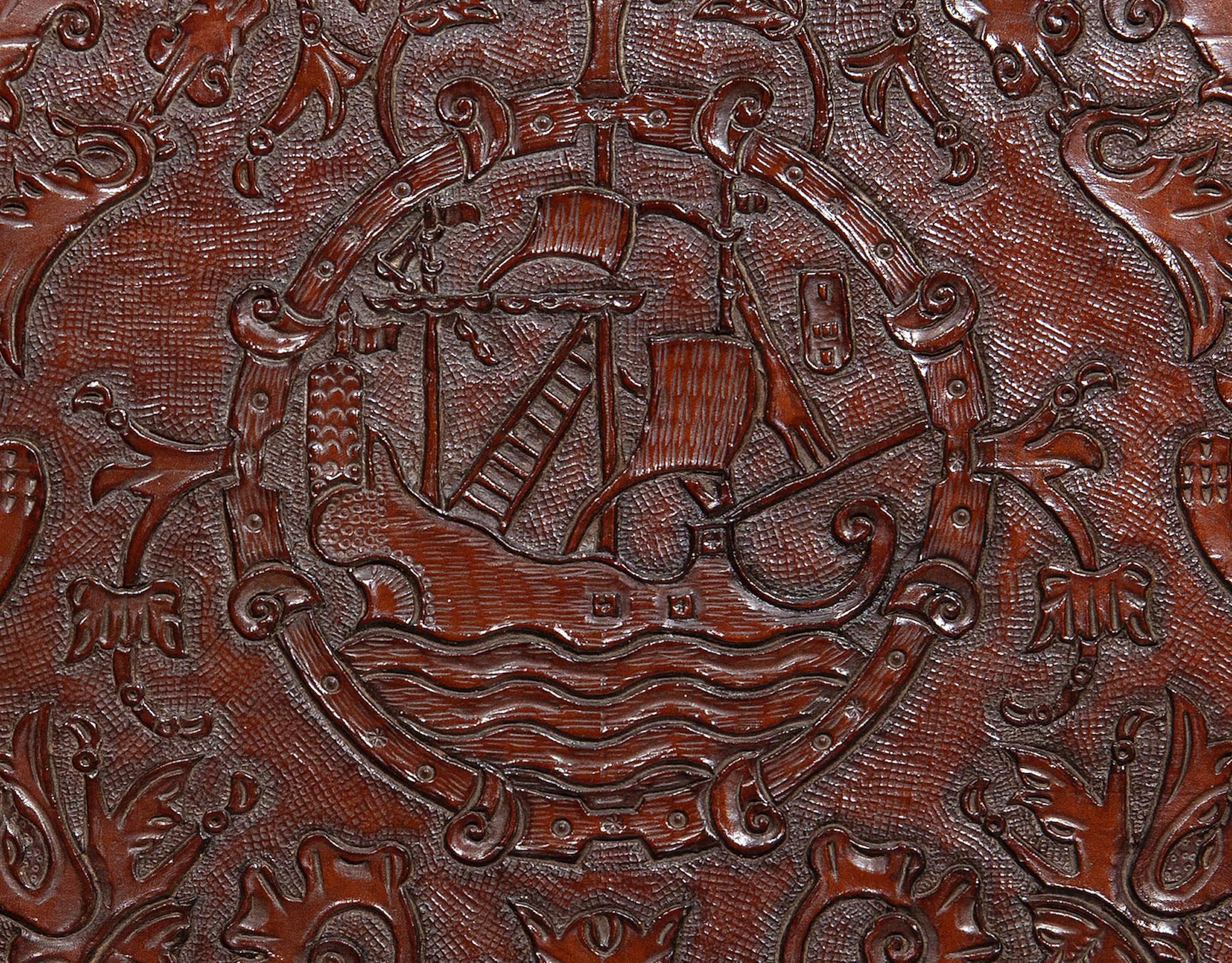 British Tray Leather Embossed Nautical Design Galleon Tulip Mythical Bird Brown Baroque For Sale
