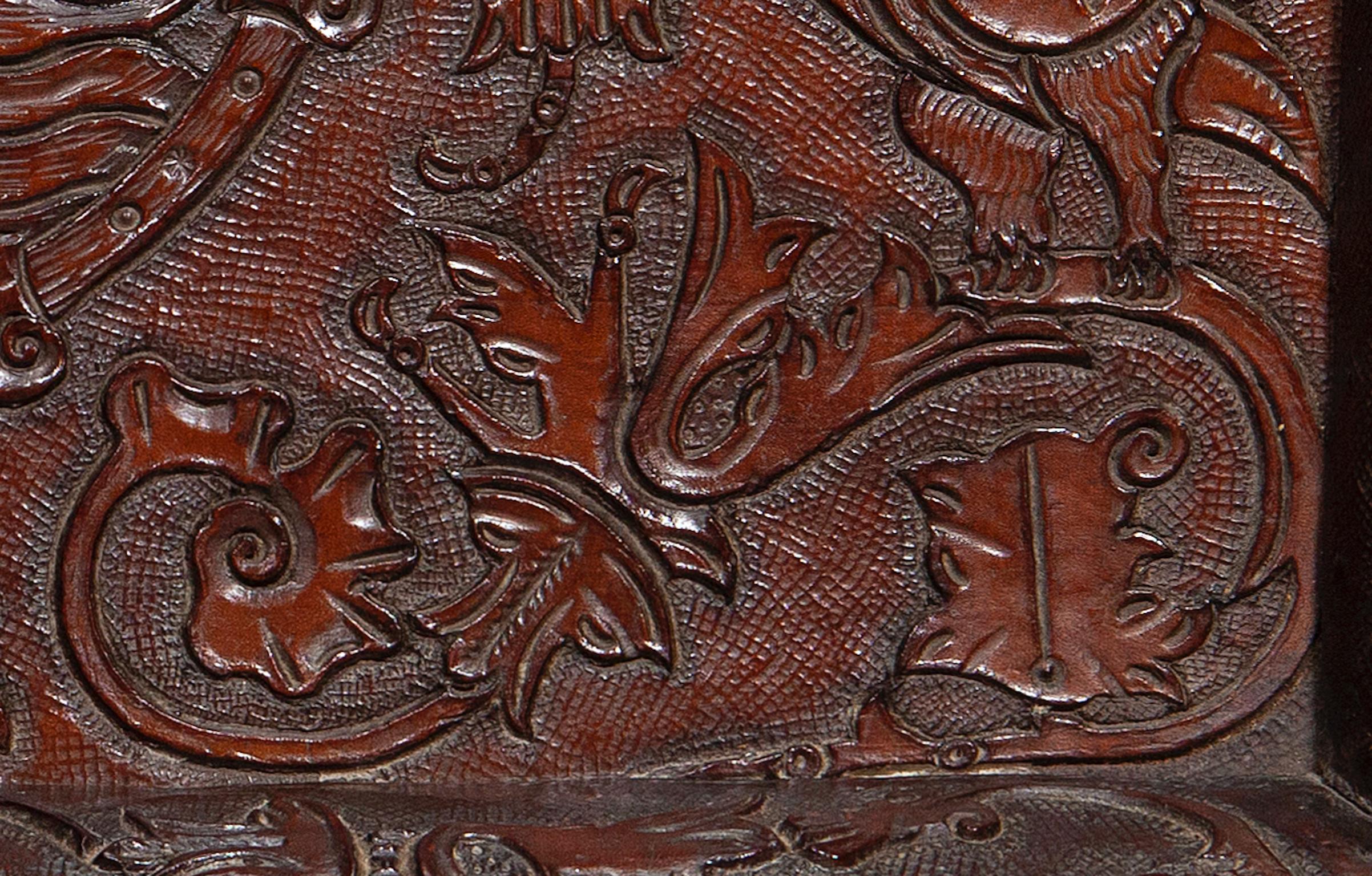 Early 20th Century Tray Leather Embossed Nautical Design Galleon Tulip Mythical Bird Brown Baroque For Sale