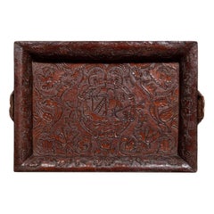 Antique Tray Leather Embossed Nautical Design Galleon Tulip Mythical Bird Brown Baroque