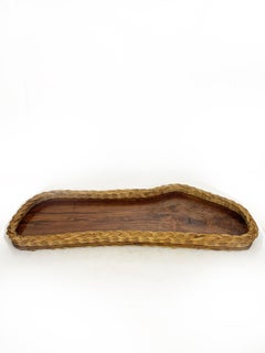 Tray made of olive wood and rush, signed, France, 1960