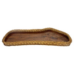 Tray made of olive wood and rush, signed, France, 1960