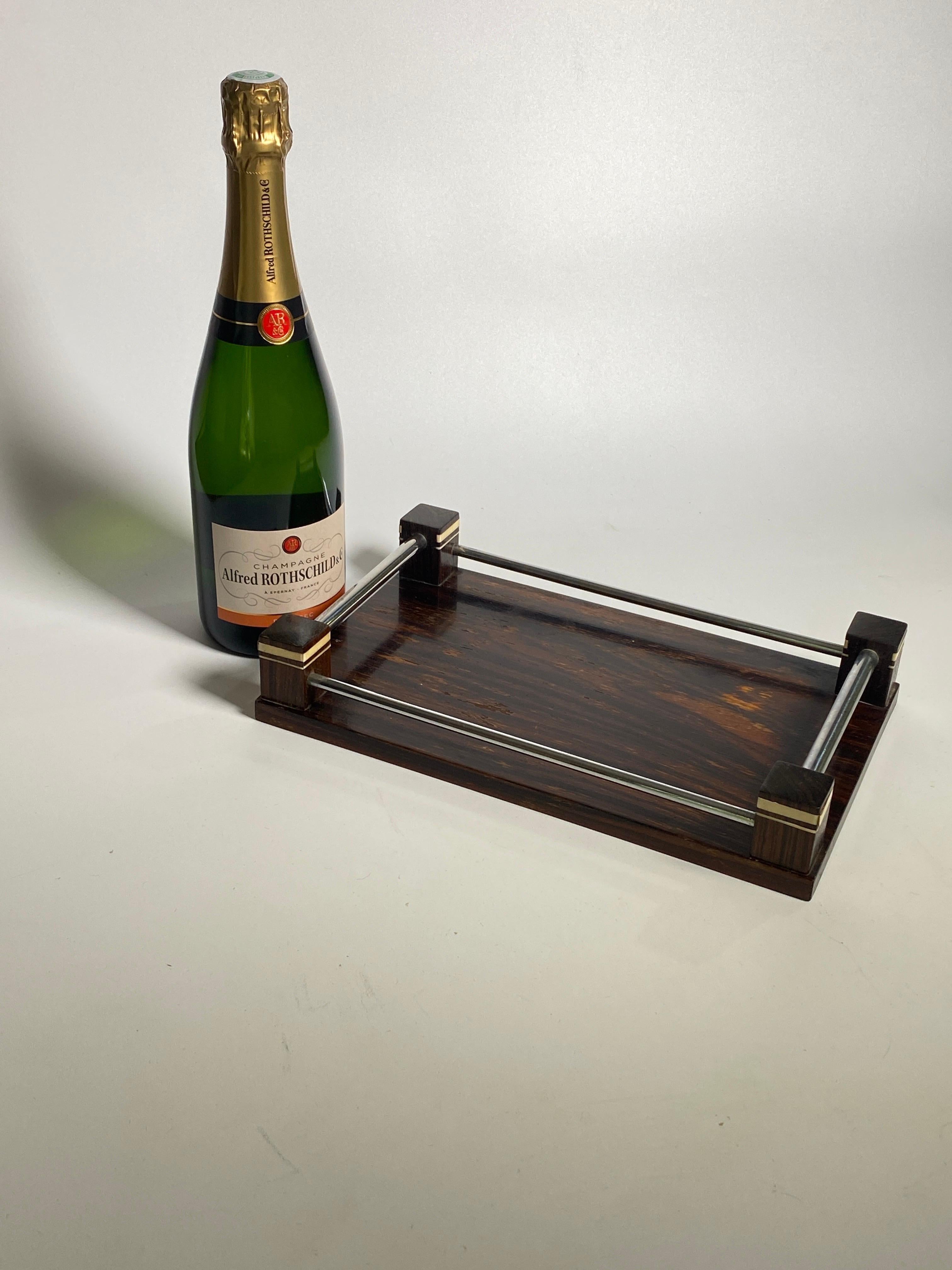 Tray or Platter in Wood, and Metal, Art Deco Period, Small Size, France, 1940 For Sale 2