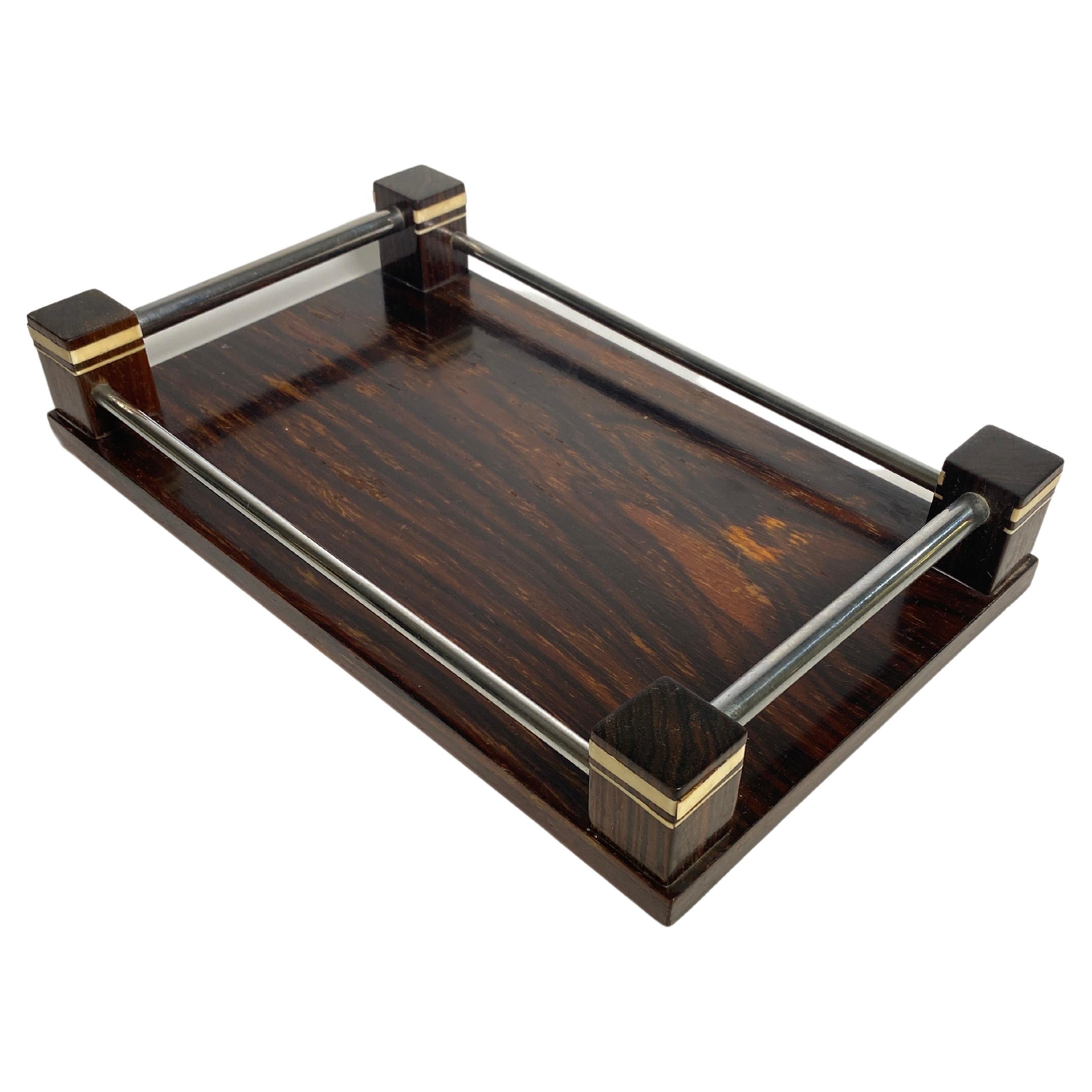 Tray or Platter in Wood, and Metal, Art Deco Period, Small Size, France, 1940 For Sale