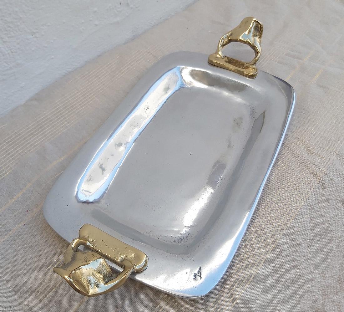 Brutalist Tray Rectangular E002 cast Brass and Aluminium Silver and Gold coloured Handmade For Sale