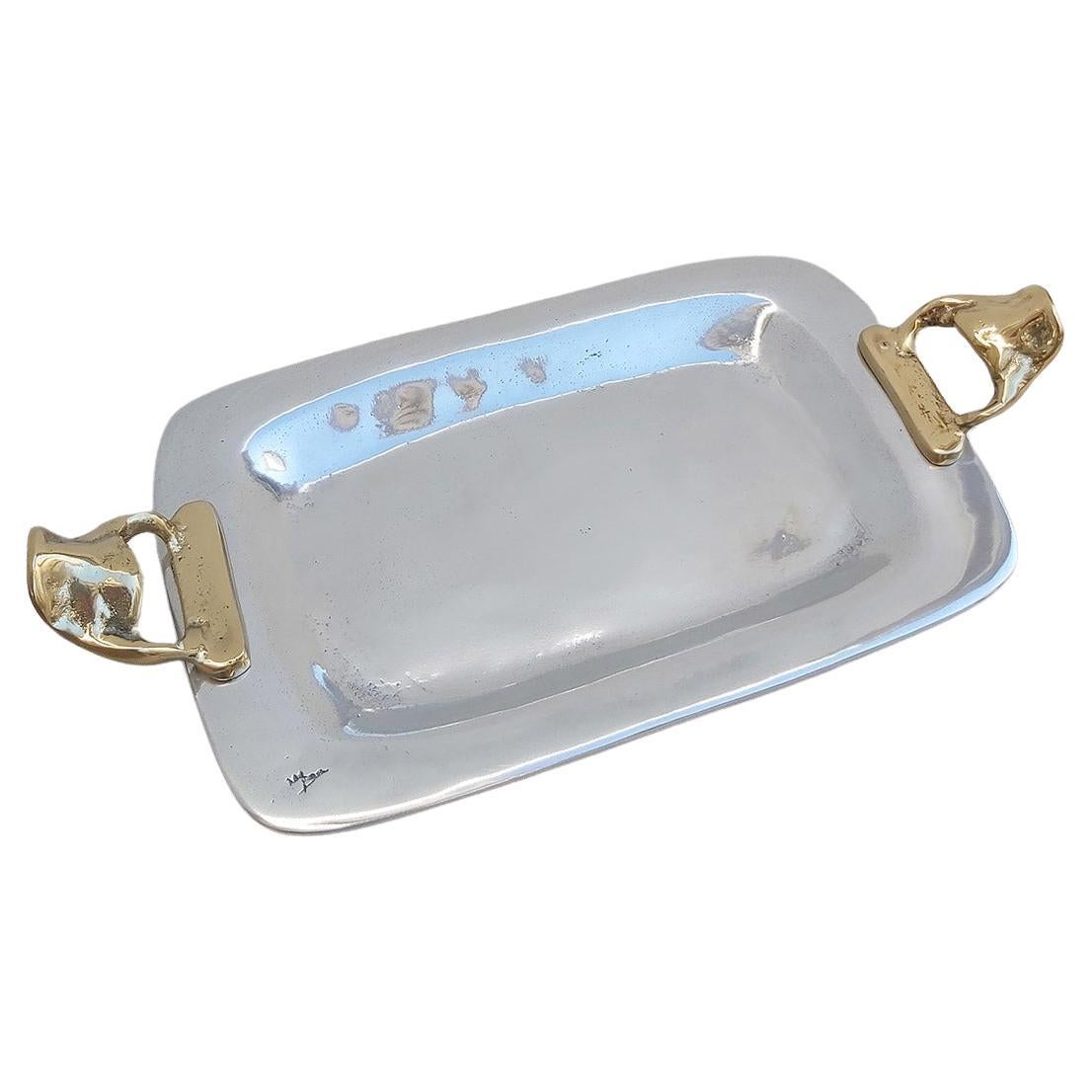 Tray Rectangular E002 cast Brass and Aluminium Silver and Gold coloured Handmade For Sale