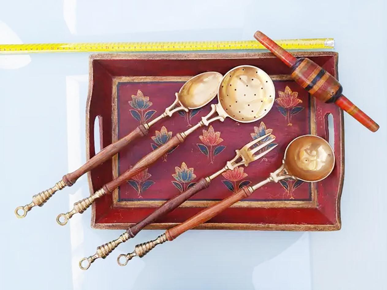Italian Tray & Serving Utensils, 20th Century Brass  and Wood Serving Pieces For Sale