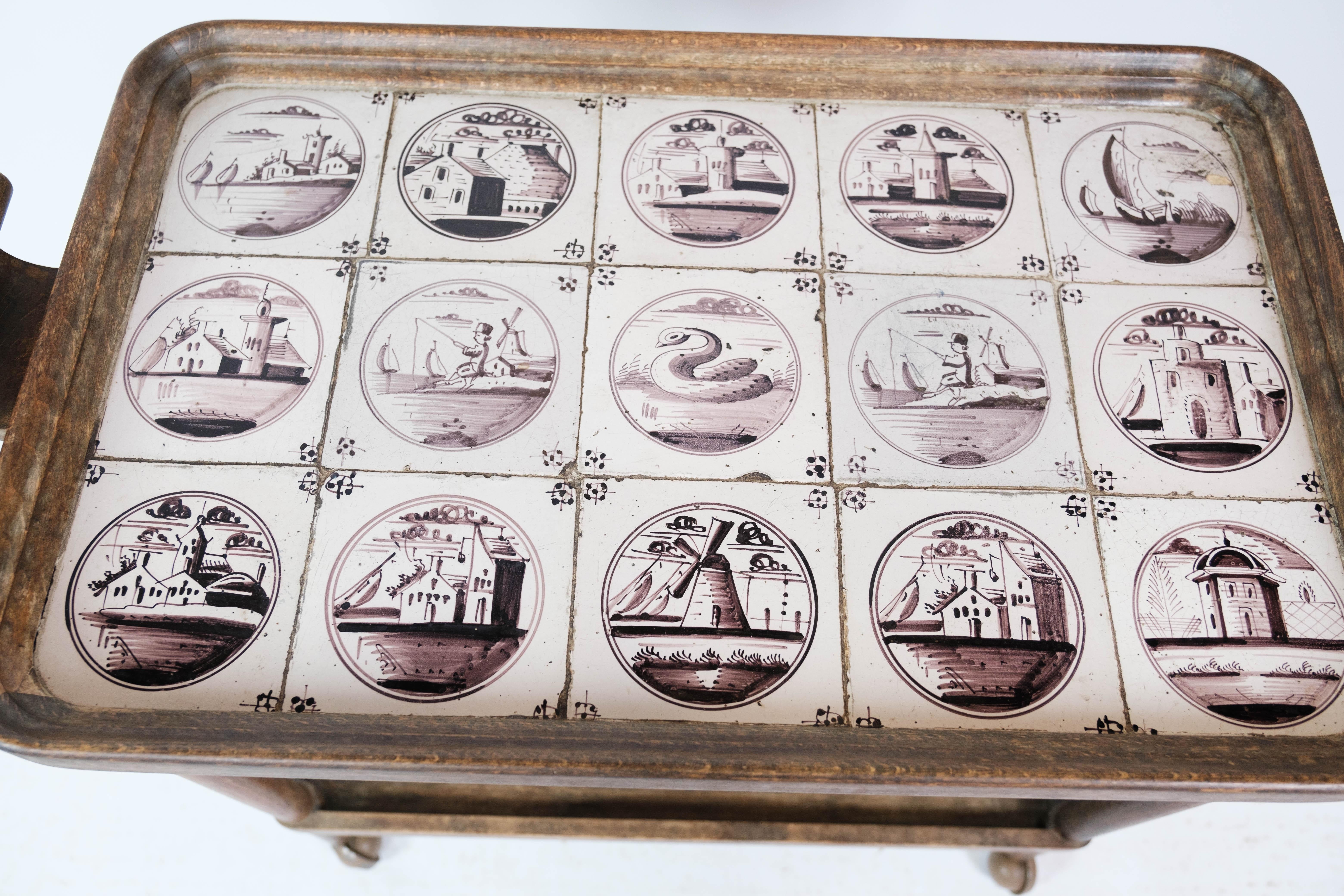 Other Tray Table Dark Wood Decorated with Dutch Tiles, 1920s For Sale