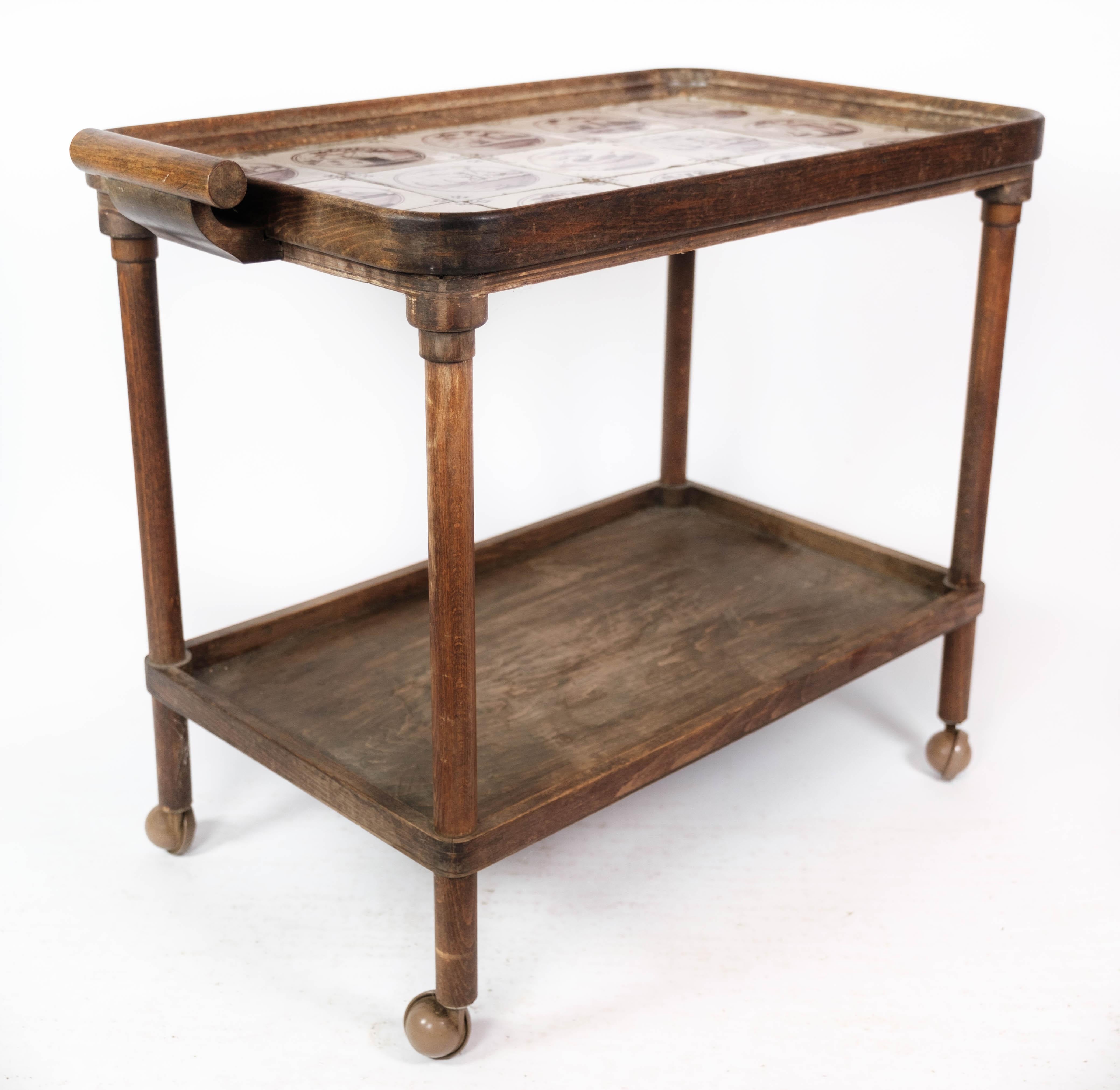 Danish Tray Table Dark Wood Decorated with Dutch Tiles, 1920s For Sale
