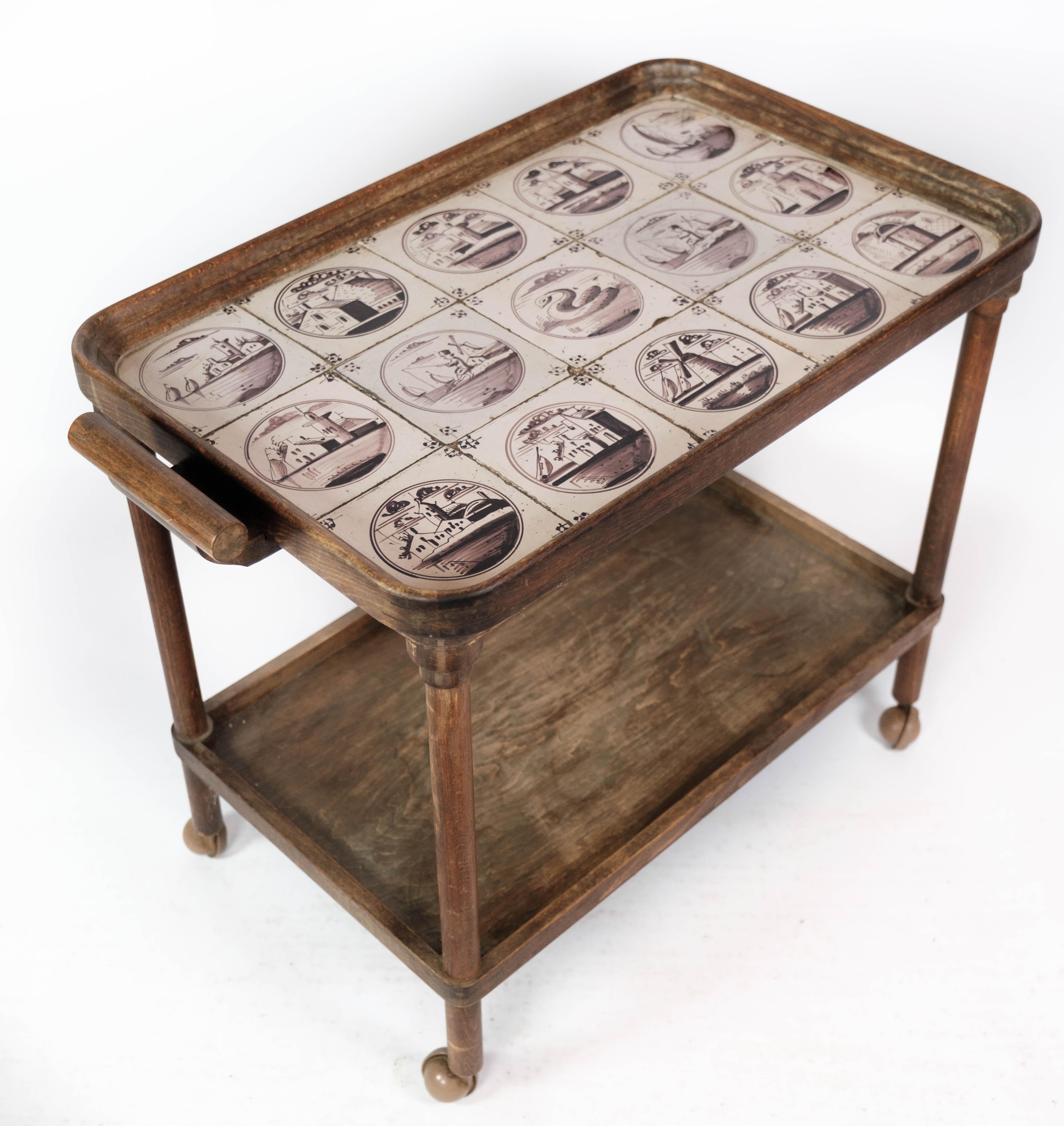 Tray Table Dark Wood Decorated with Dutch Tiles, 1920s In Good Condition For Sale In Lejre, DK