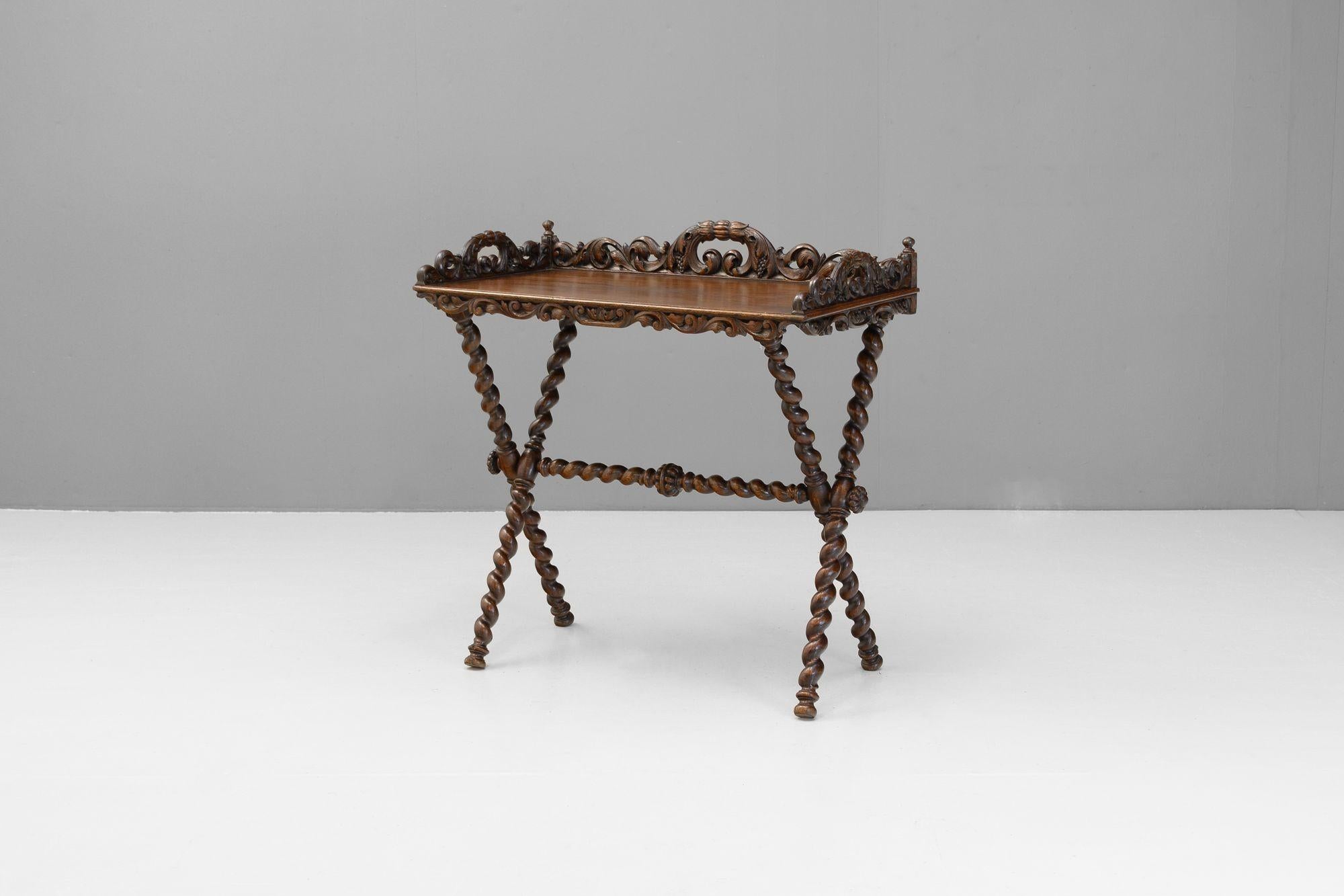 French tray table with carved gallery on folding base. Circa 1880


H 92cm x W 90cm x D 51cm