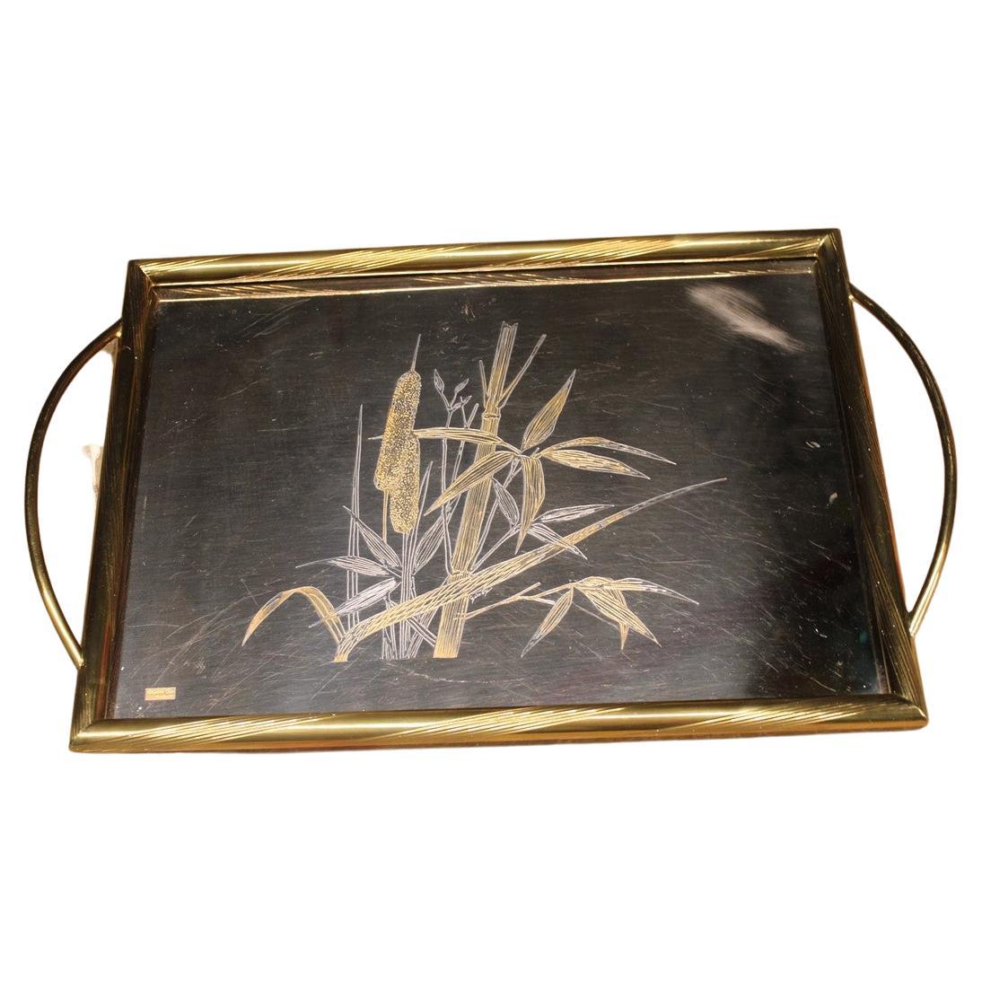 Tray Table in Solid Brass with Engravings, Italy, 1970s