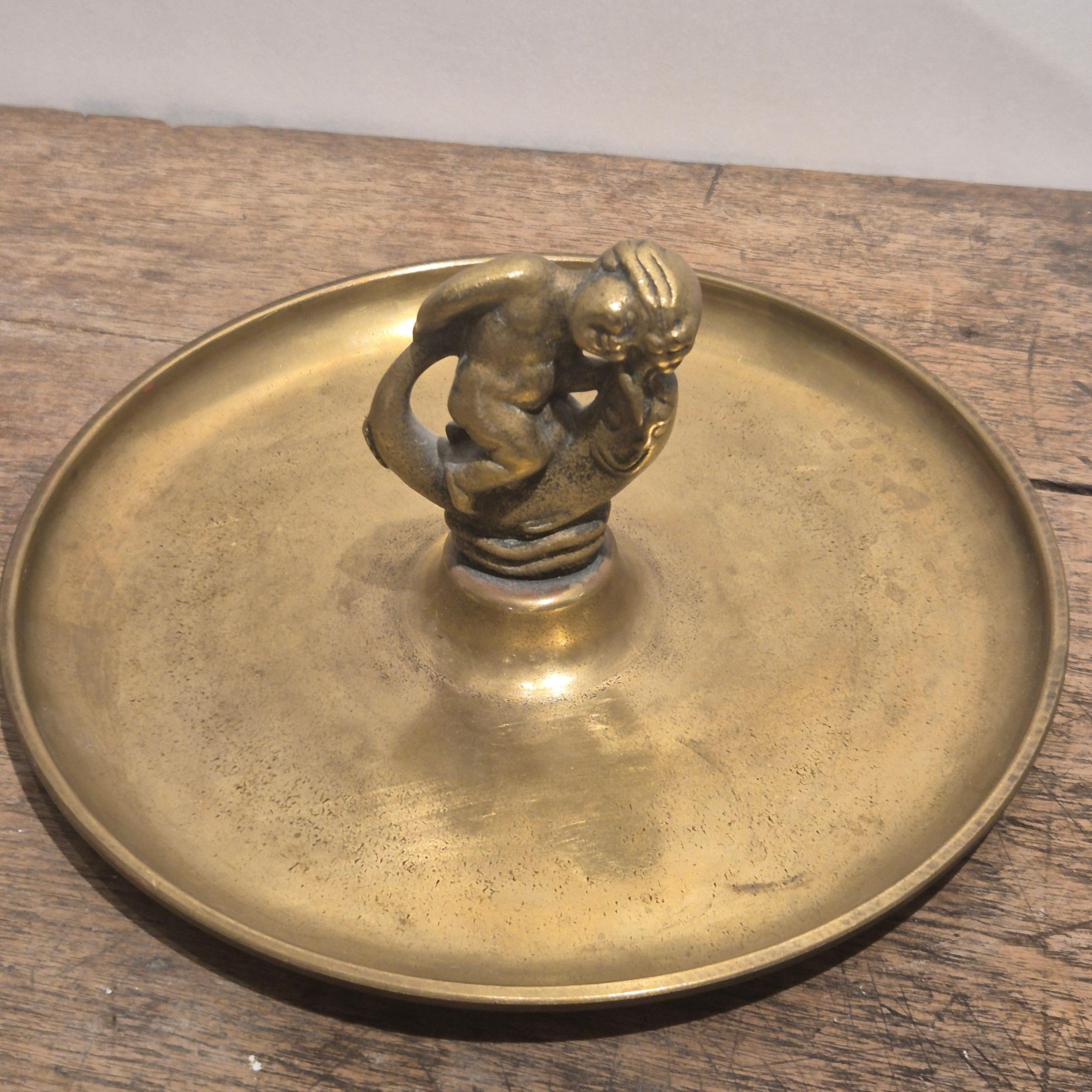 Neoclassical Tray / Vide Poche in solid bronze, putto with fish, Ystad Brons, Swedish Grace For Sale