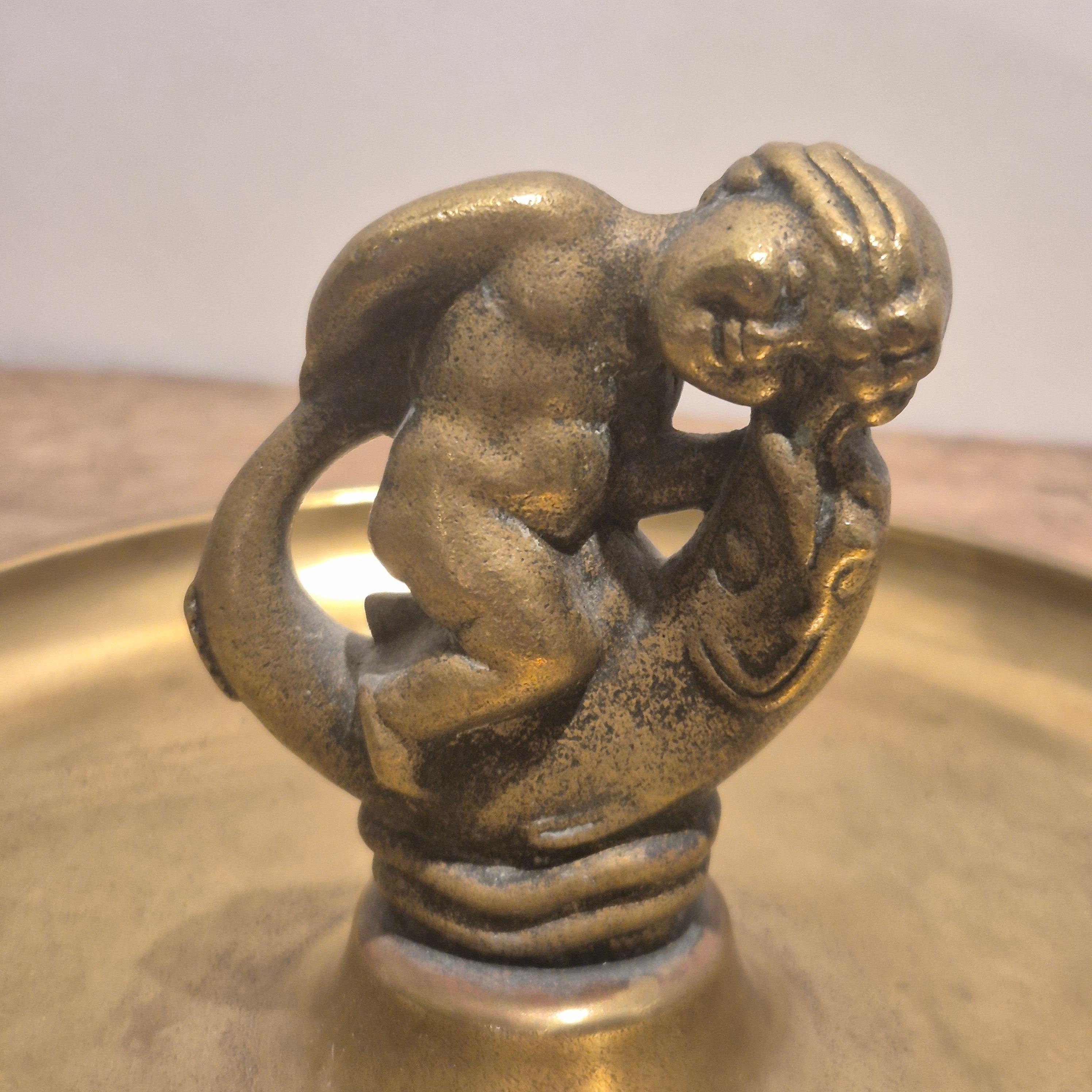 Tray / Vide Poche in solid bronze, putto with fish, Ystad Brons, Swedish Grace In Good Condition For Sale In Stockholm, SE