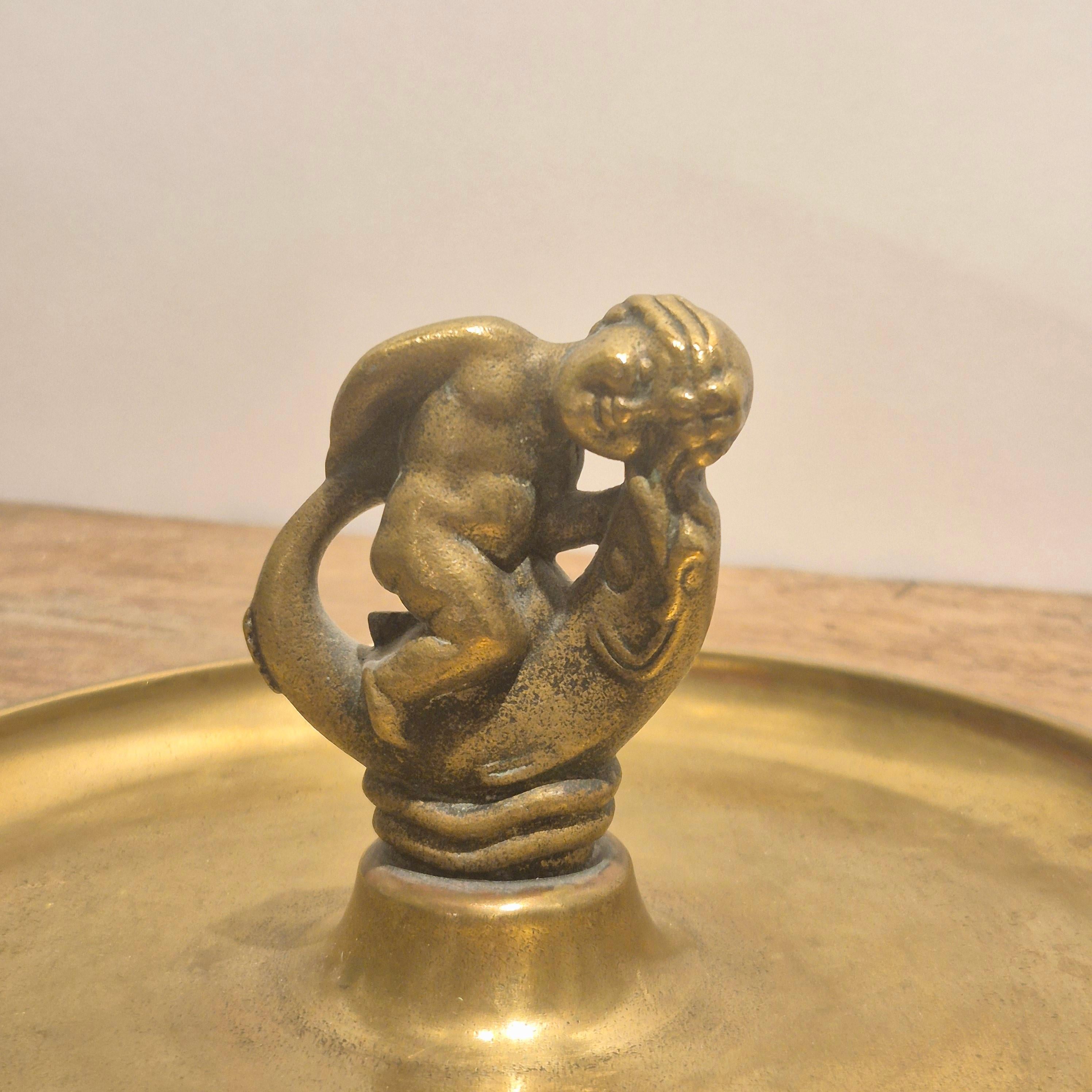 Early 20th Century Tray / Vide Poche in solid bronze, putto with fish, Ystad Brons, Swedish Grace For Sale