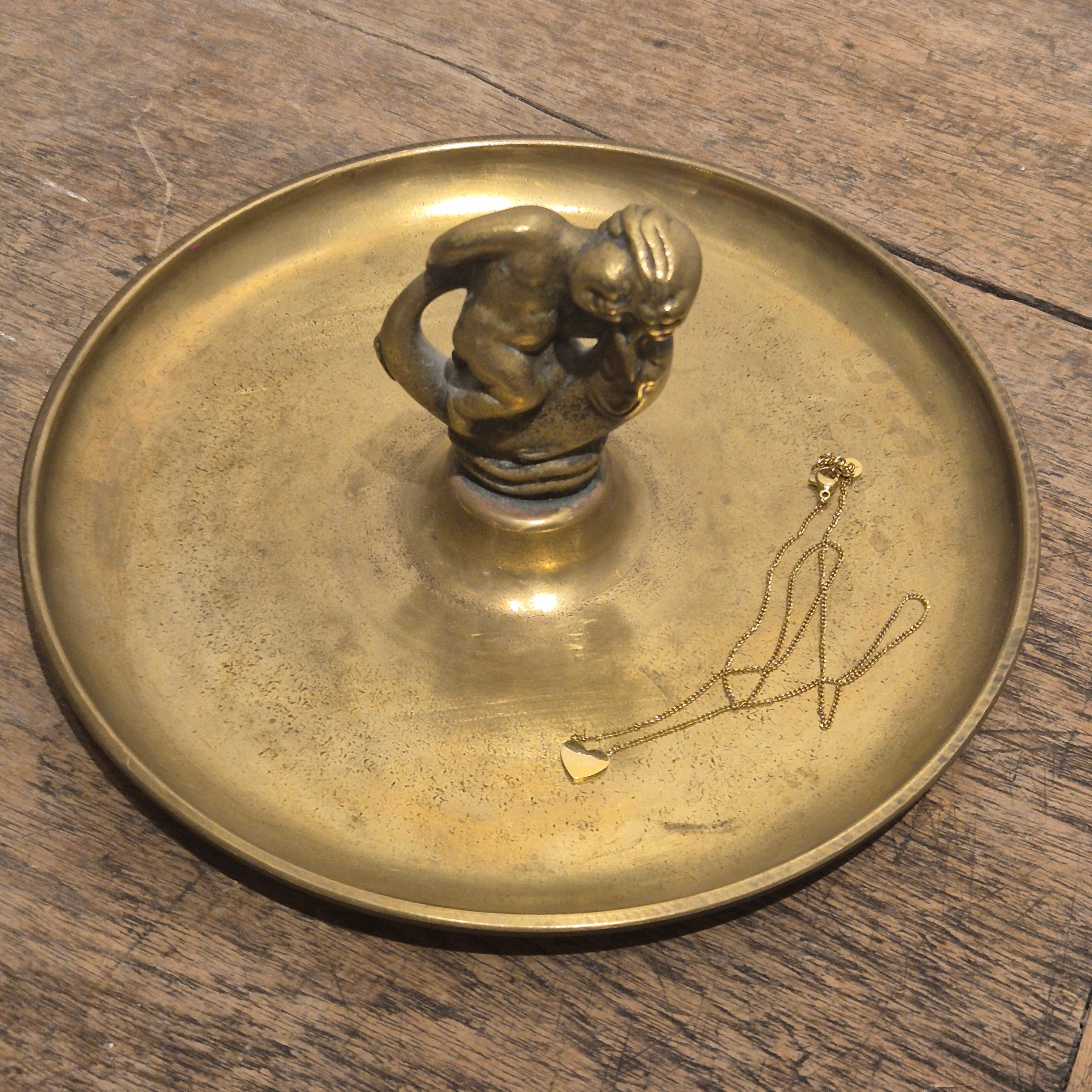 Bronze Tray / Vide Poche in solid bronze, putto with fish, Ystad Brons, Swedish Grace For Sale