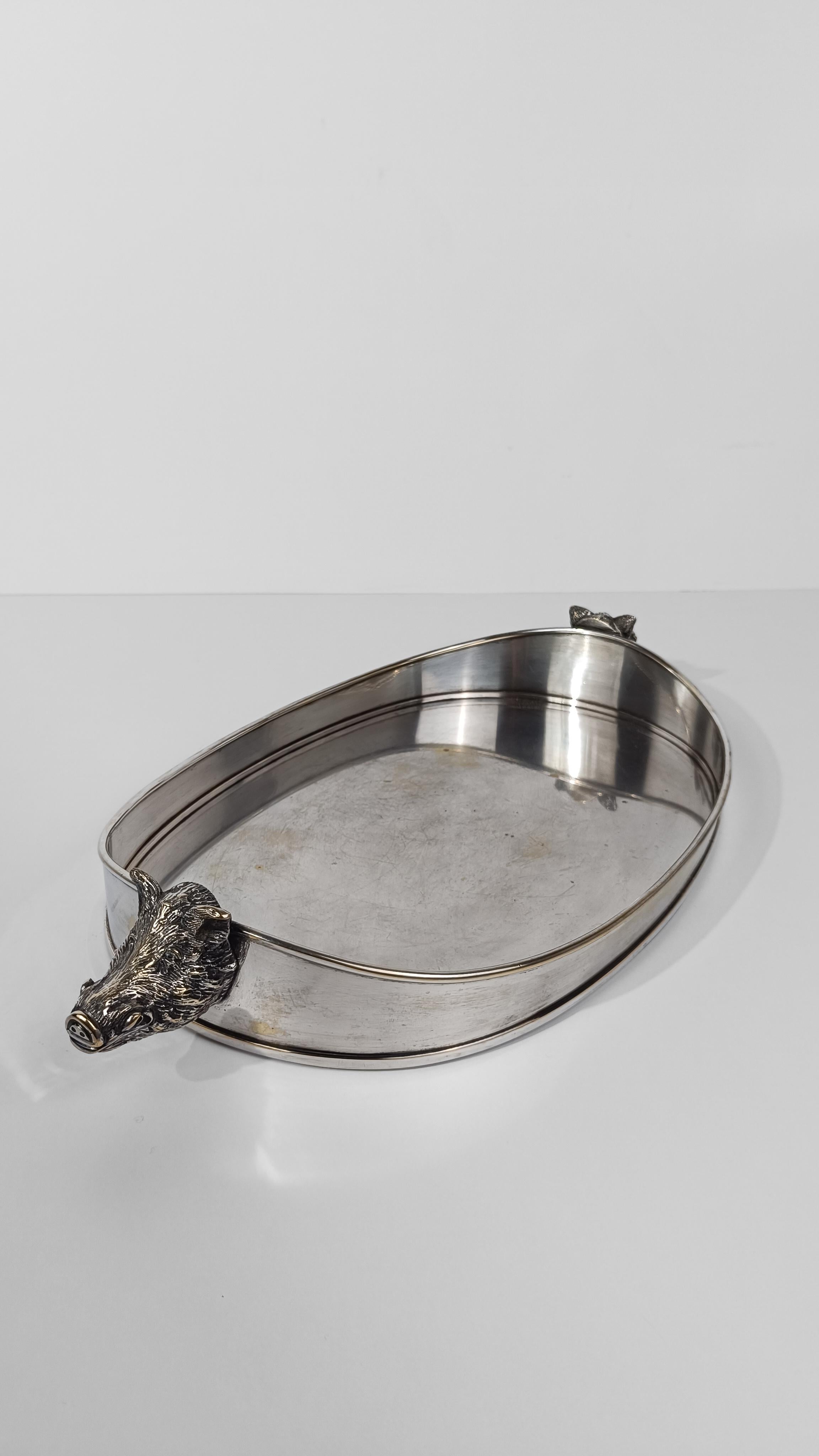 Silver Plate Tray with Handles in the Shape of a Boar's head attributable to Valenti, 70s For Sale
