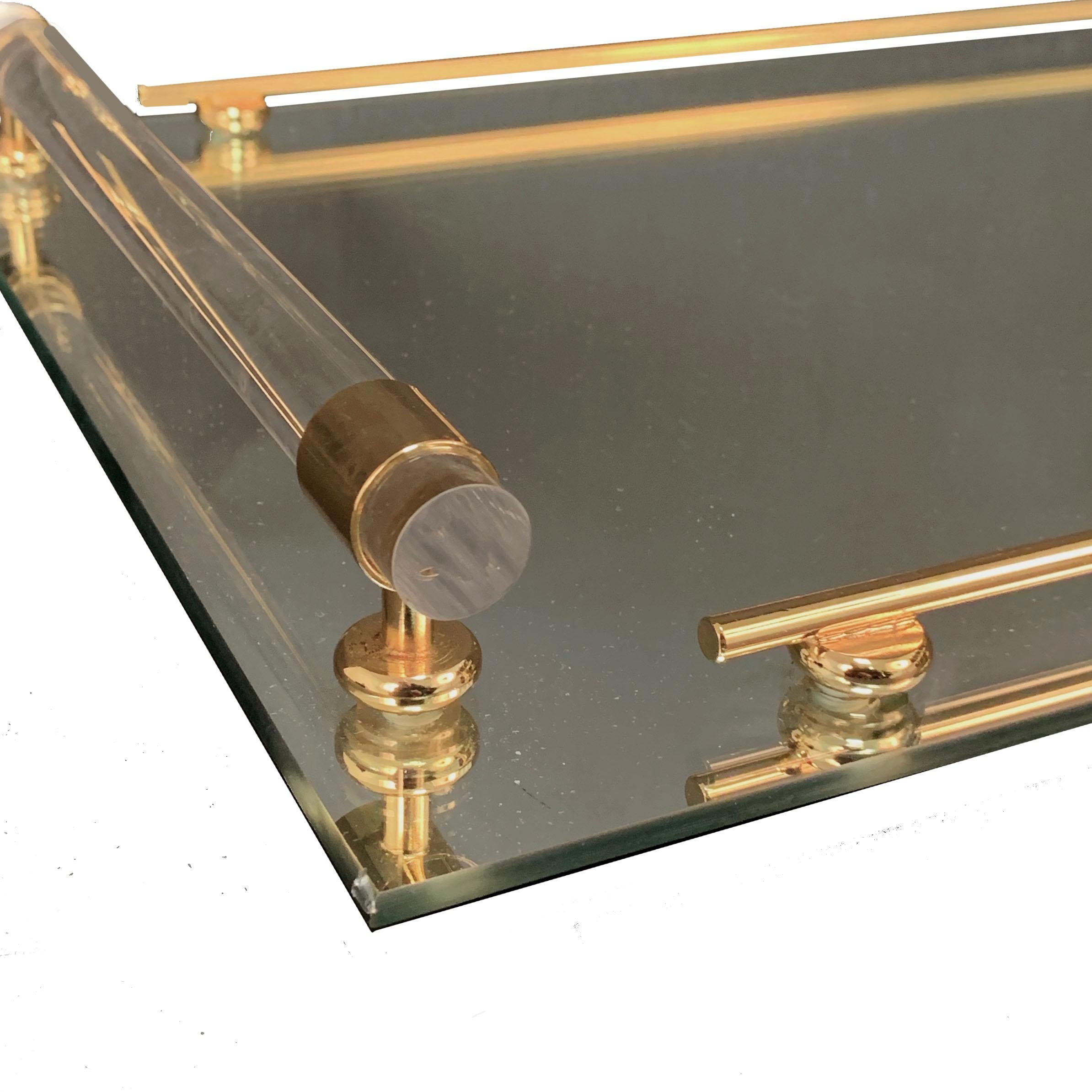 Modern Tray with Mirror and Lucite, Brass 24-Karat Gold-Plated, Milano, Italy, 1980s