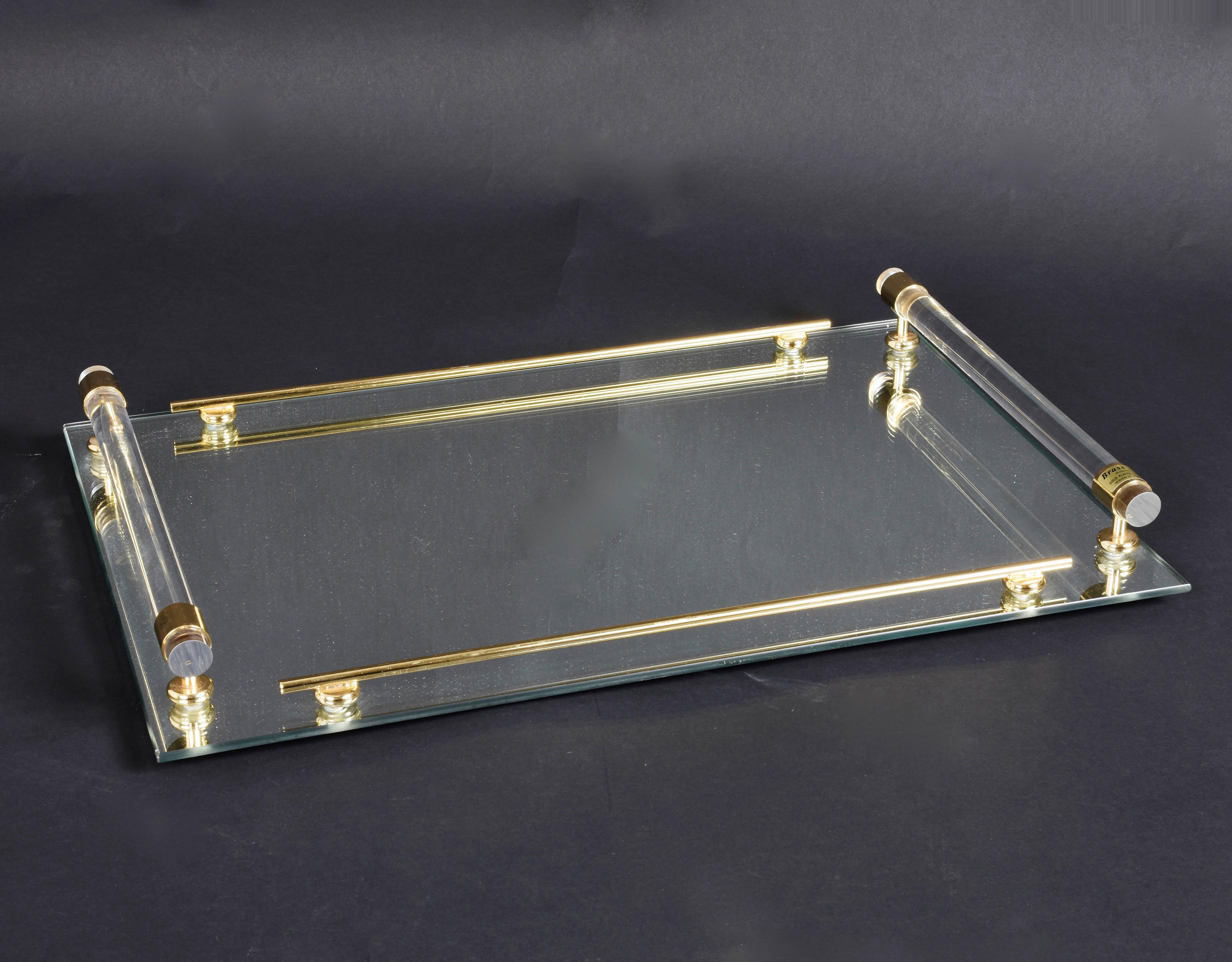 Italian Tray with Mirror and Lucite, Brass 24-Karat Gold-Plated, Milano, Italy, 1980s