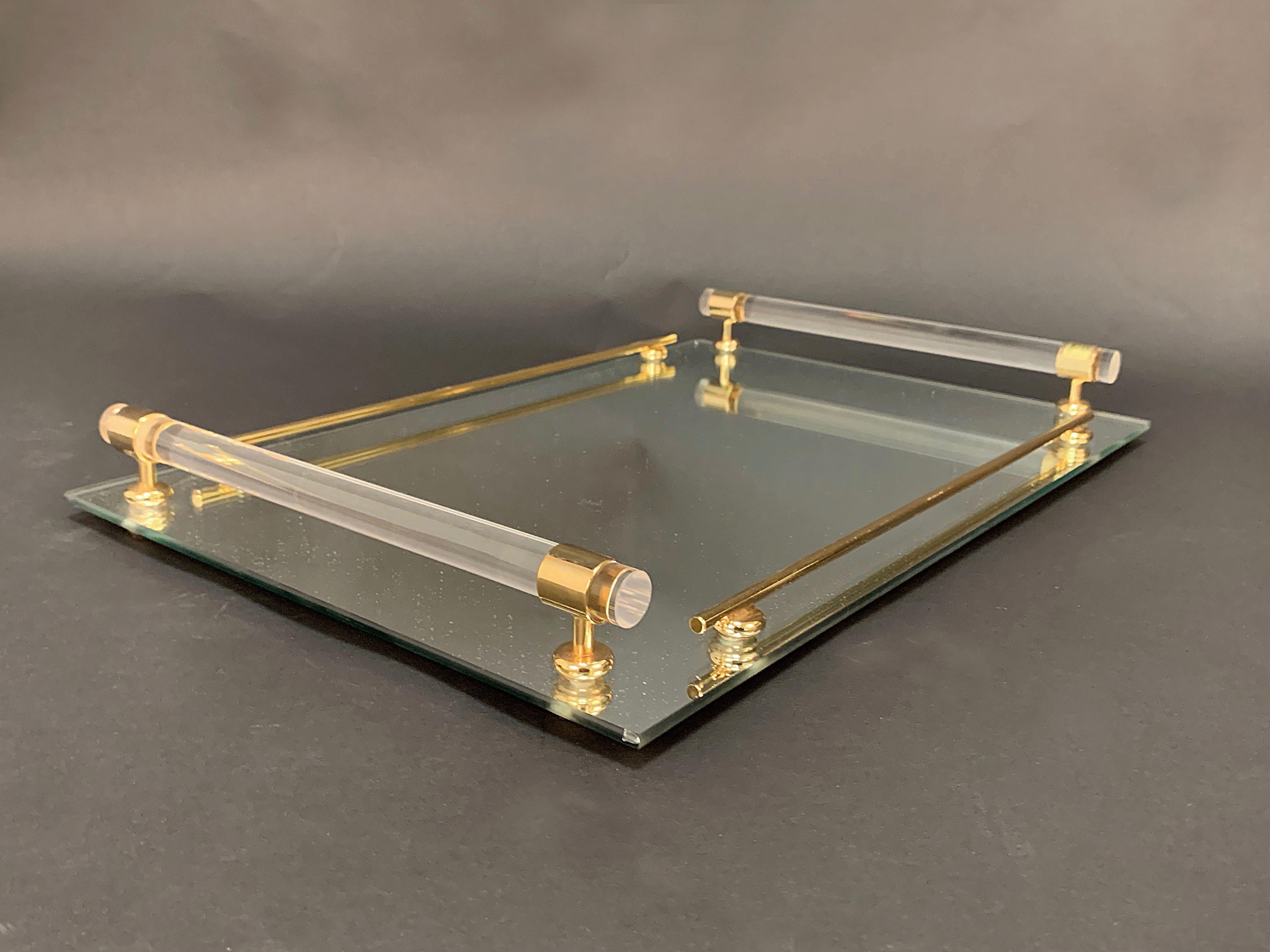 20th Century Tray with Mirror and Lucite, Brass 24-Karat Gold-Plated, Milano, Italy, 1980s