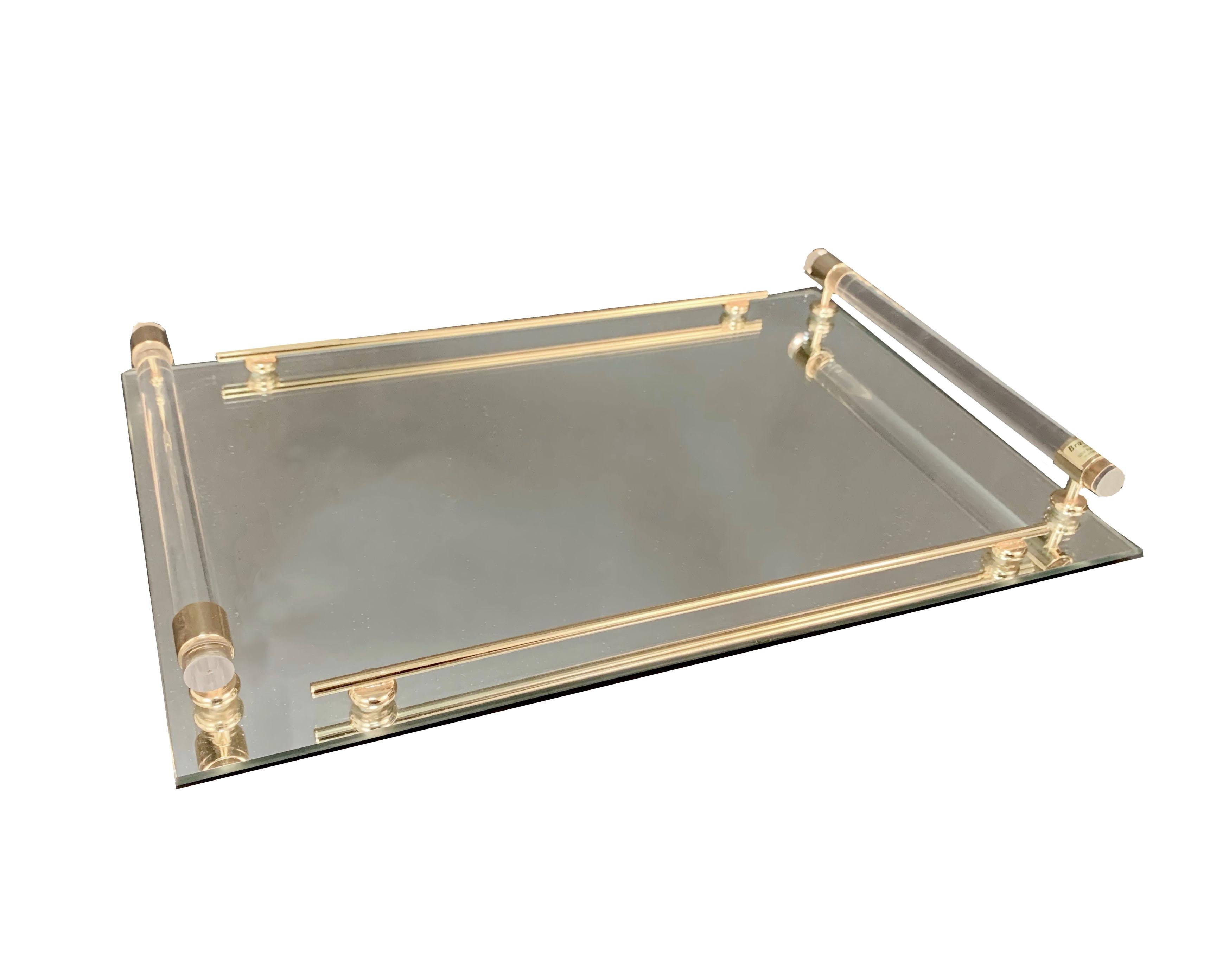 Gold Plate Tray with Mirror and Lucite, Brass 24-Karat Gold-Plated, Milano, Italy, 1980s
