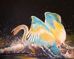 Magical bird Swan  Flight, Painting, Acrylic on Canvas