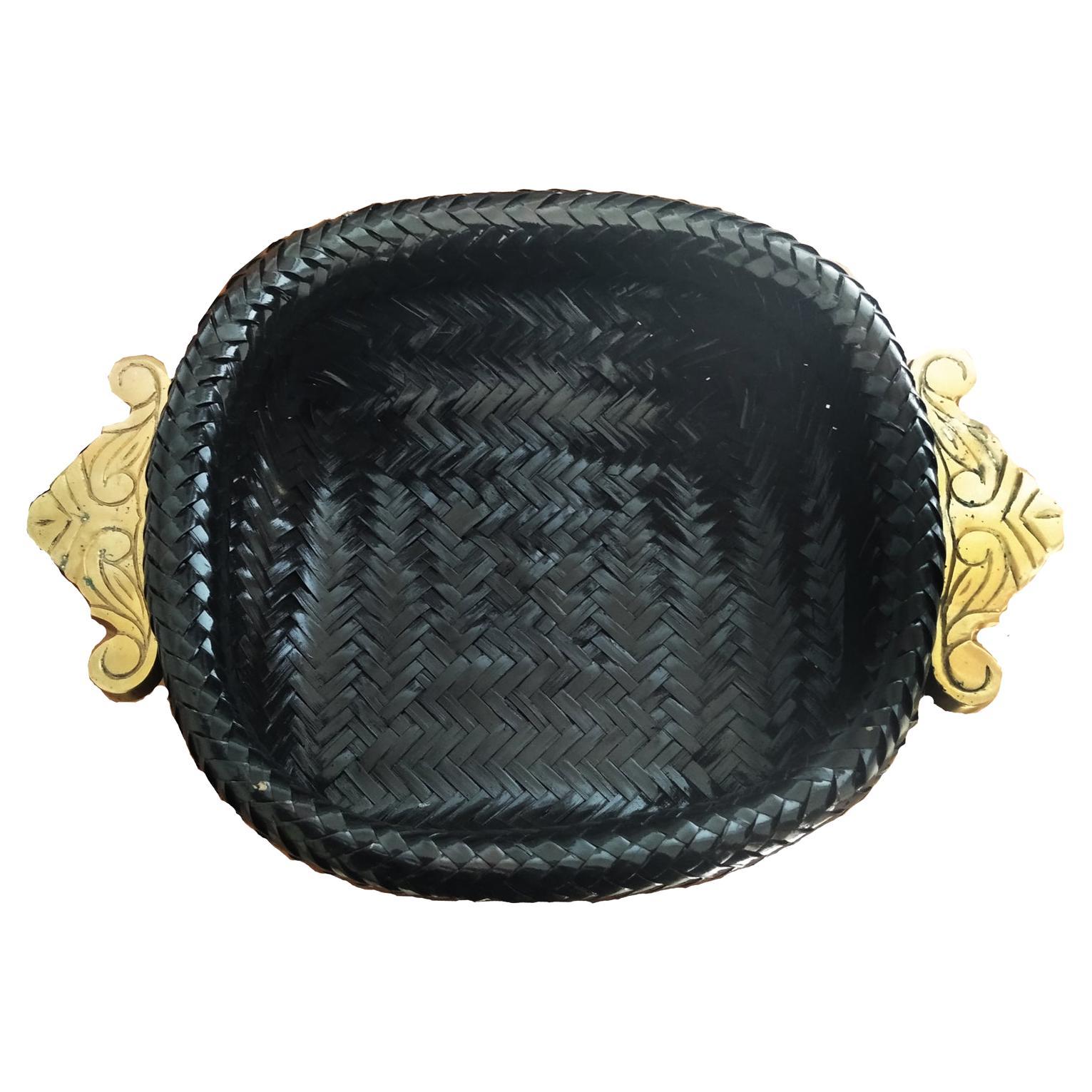 Trays Black Rattan and Brass Handles Oriental Origin 3 Pieces, Mid 20th Century For Sale 5
