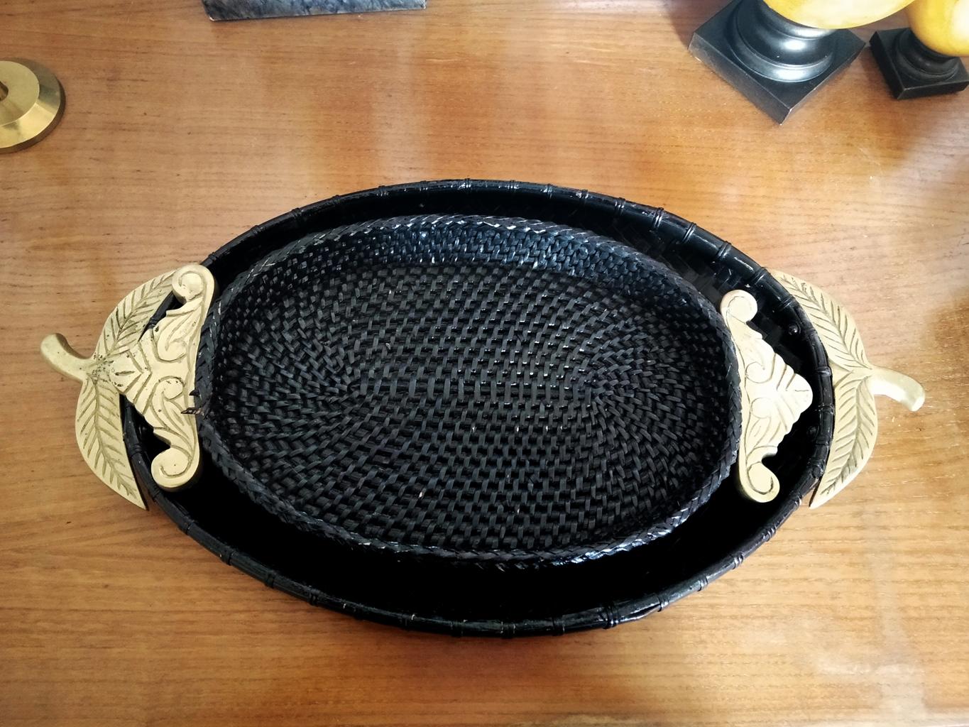 Trays Black Rattan and Brass Handles Oriental Origin 3 Pieces, Mid 20th Century For Sale 6