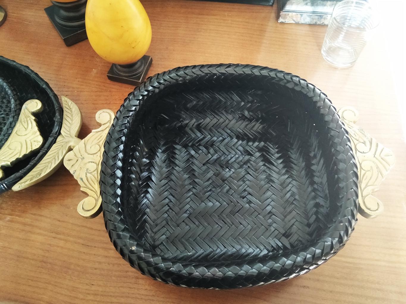 Unknown Trays Black Rattan and Brass Handles Oriental Origin 3 Pieces, Mid 20th Century For Sale