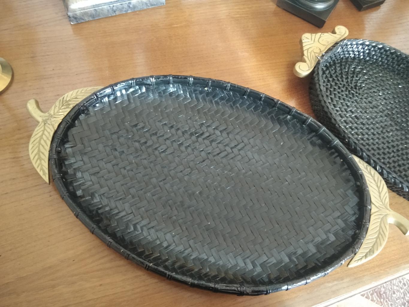 Trays Black Rattan and Brass Handles Oriental Origin 3 Pieces, Mid 20th Century For Sale 1