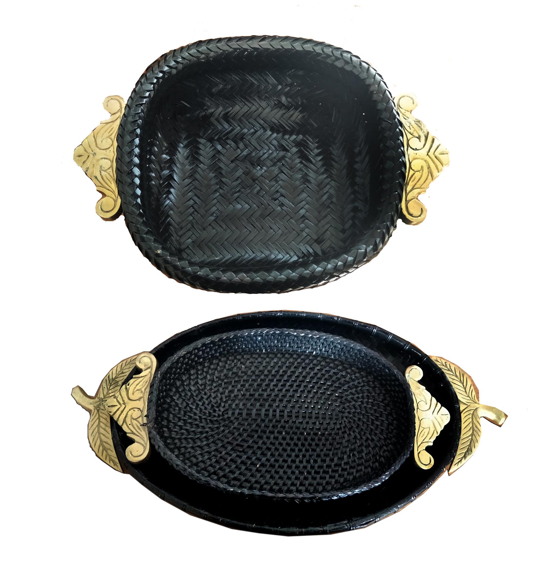 Trays Black Rattan and Brass Handles Oriental Origin 3 Pieces, Mid 20th Century For Sale
