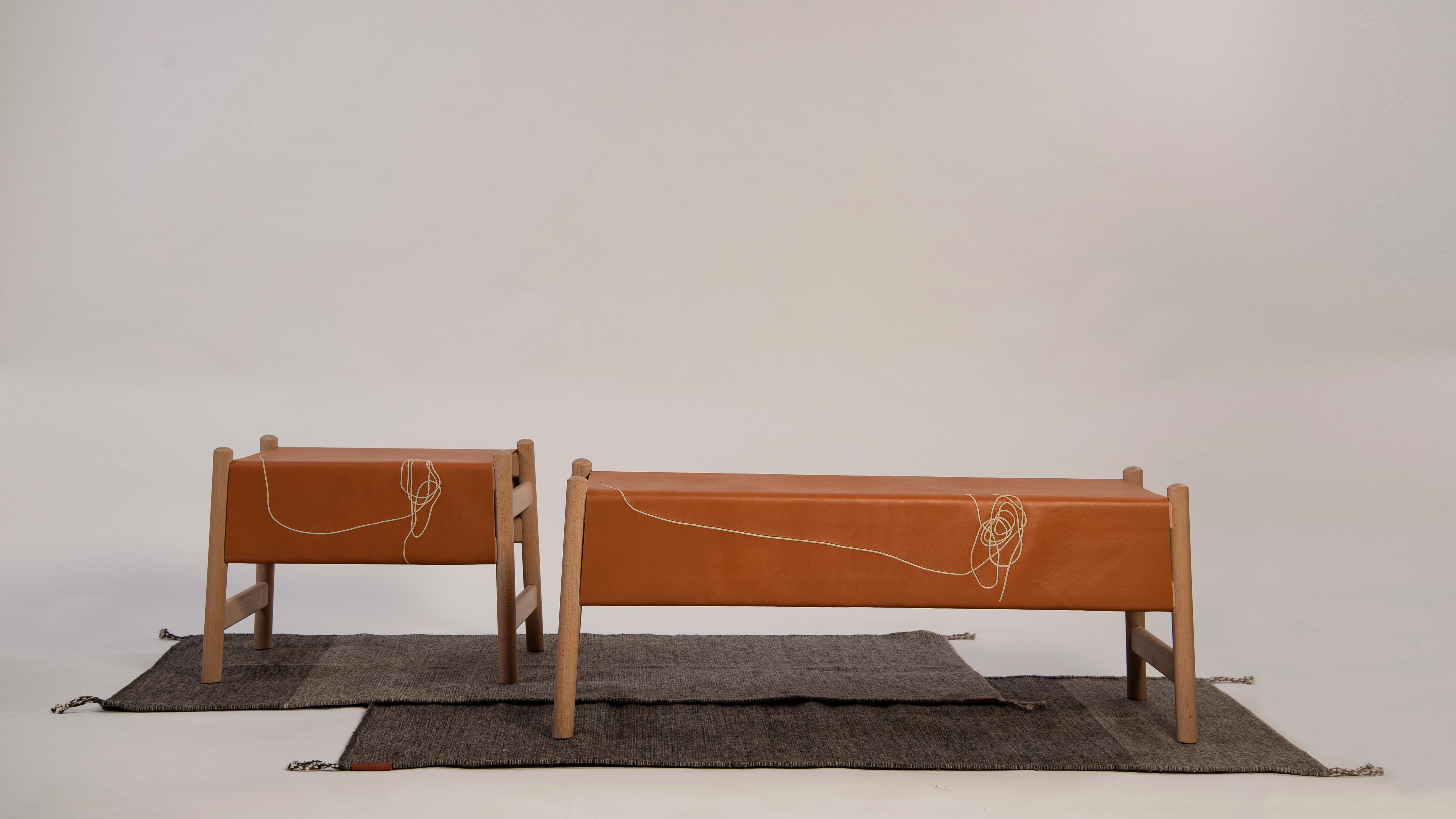 Lacquered Trazo Cowhide Bench, Beech Wood and Maguey Fiber. For Sale