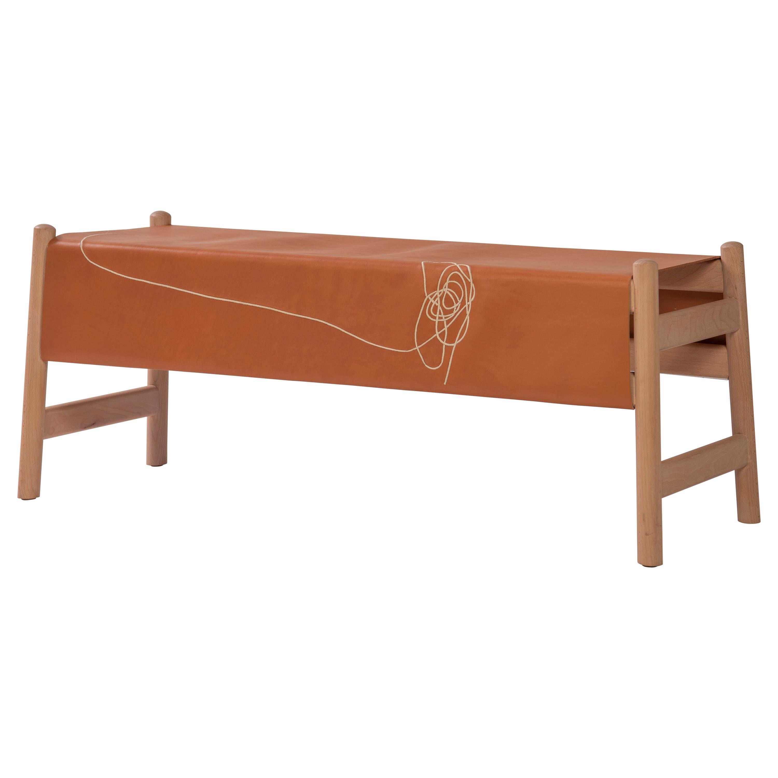 Trazo Cowhide Bench, Beech Wood and Maguey Fiber. For Sale