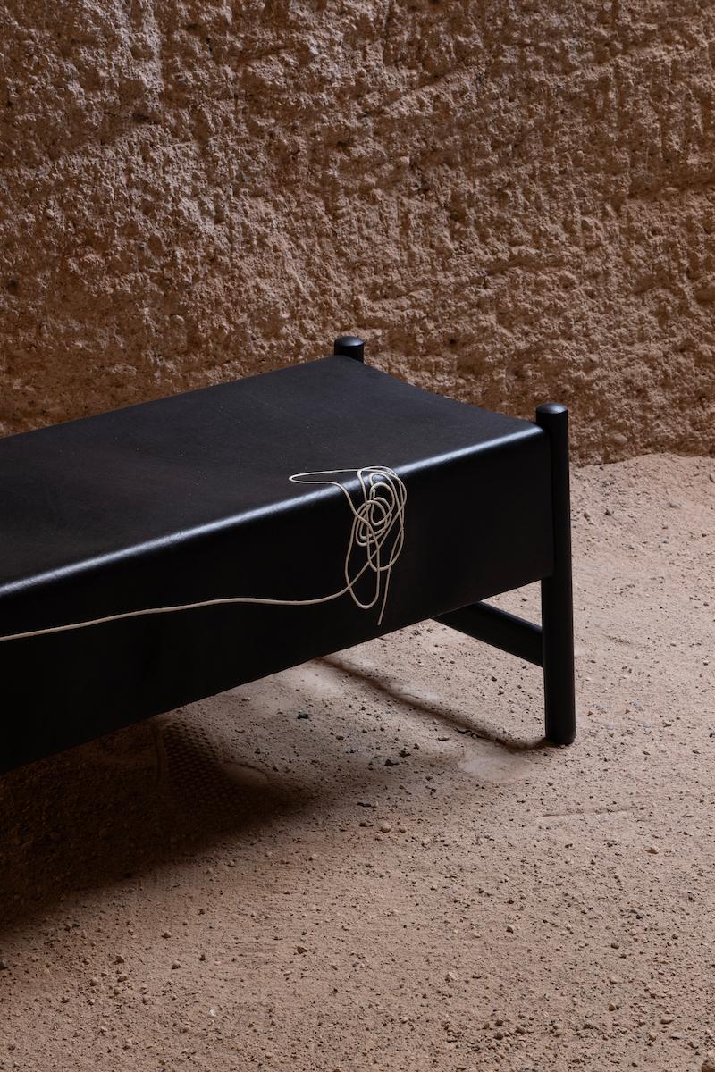 Trazo Black Cowhide Bench, Oak Wood and Maguey Fiber For Sale 5
