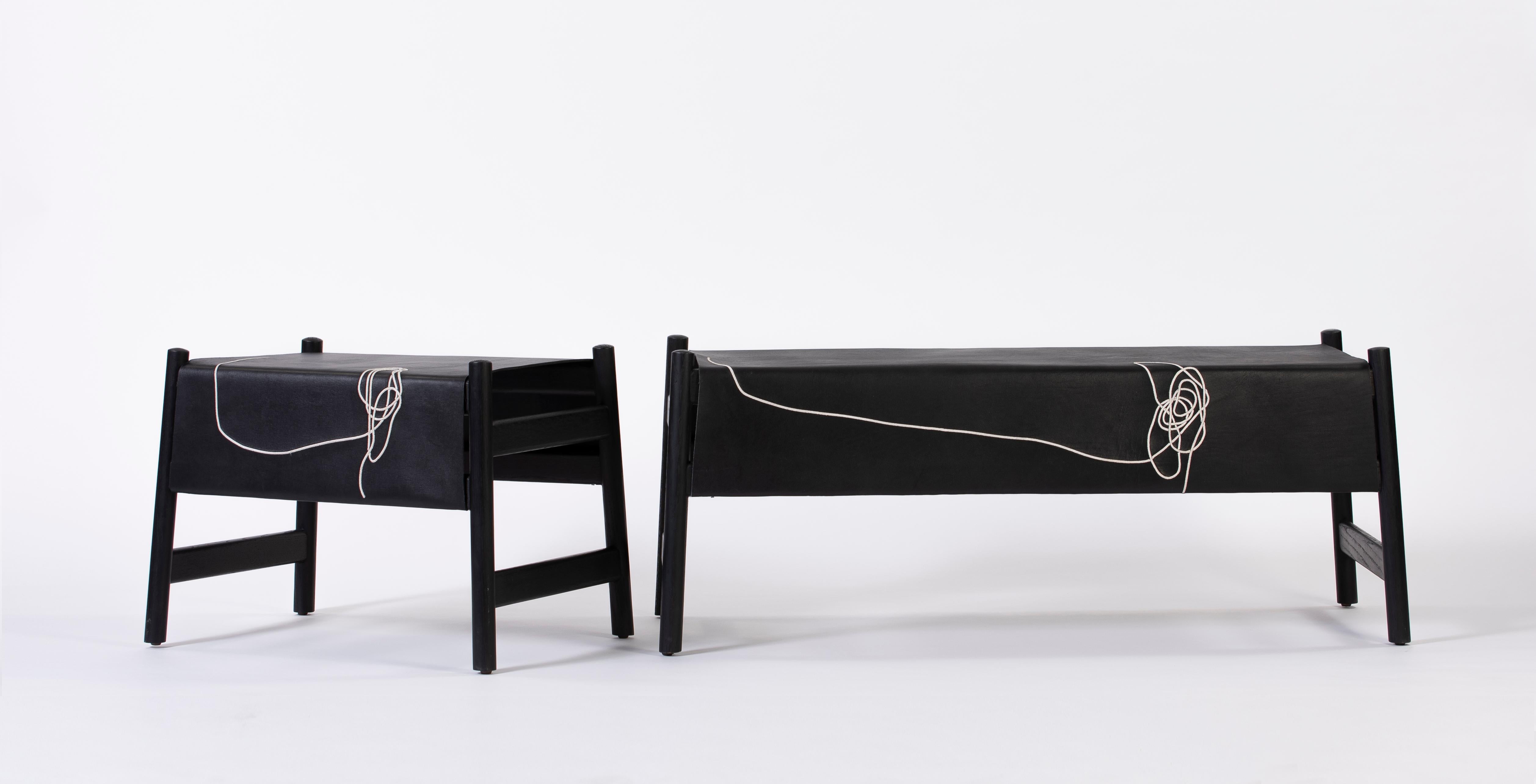 Mexican Trazo Black Cowhide Bench, Oak Wood and Maguey Fiber For Sale