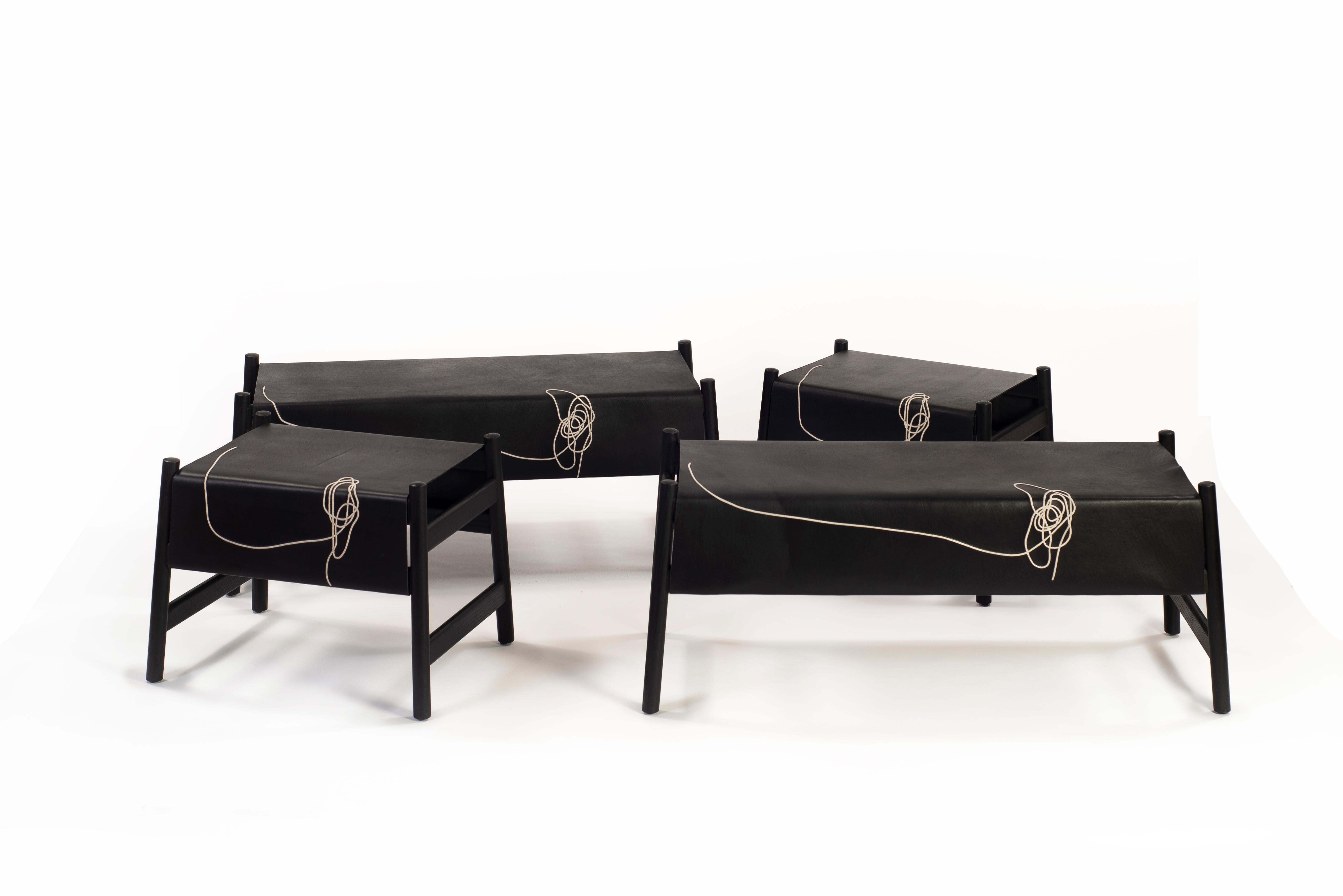 Blackened Trazo Black Cowhide Bench, Oak Wood and Maguey Fiber For Sale