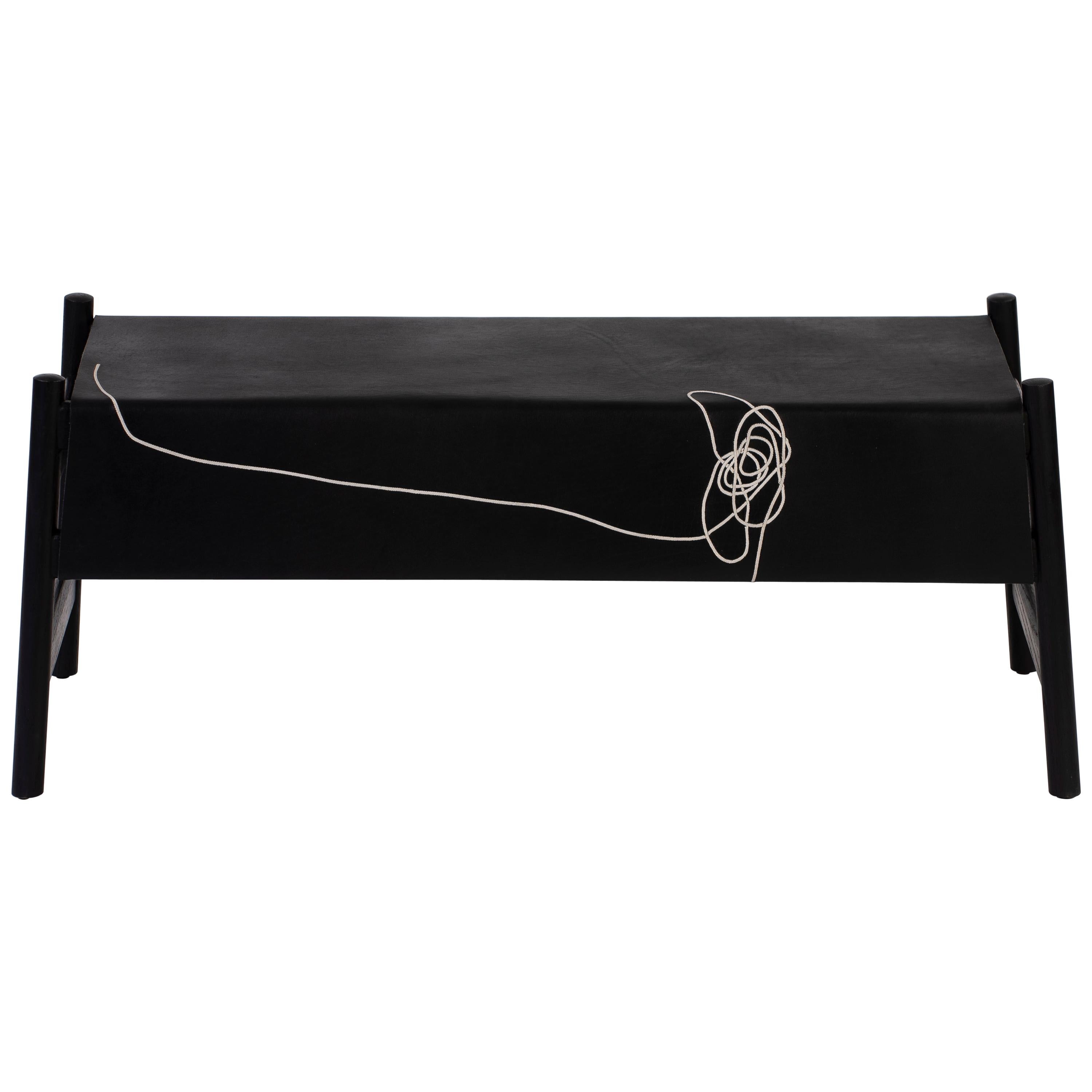 Trazo Black Cowhide Bench, Oak Wood and Maguey Fiber For Sale