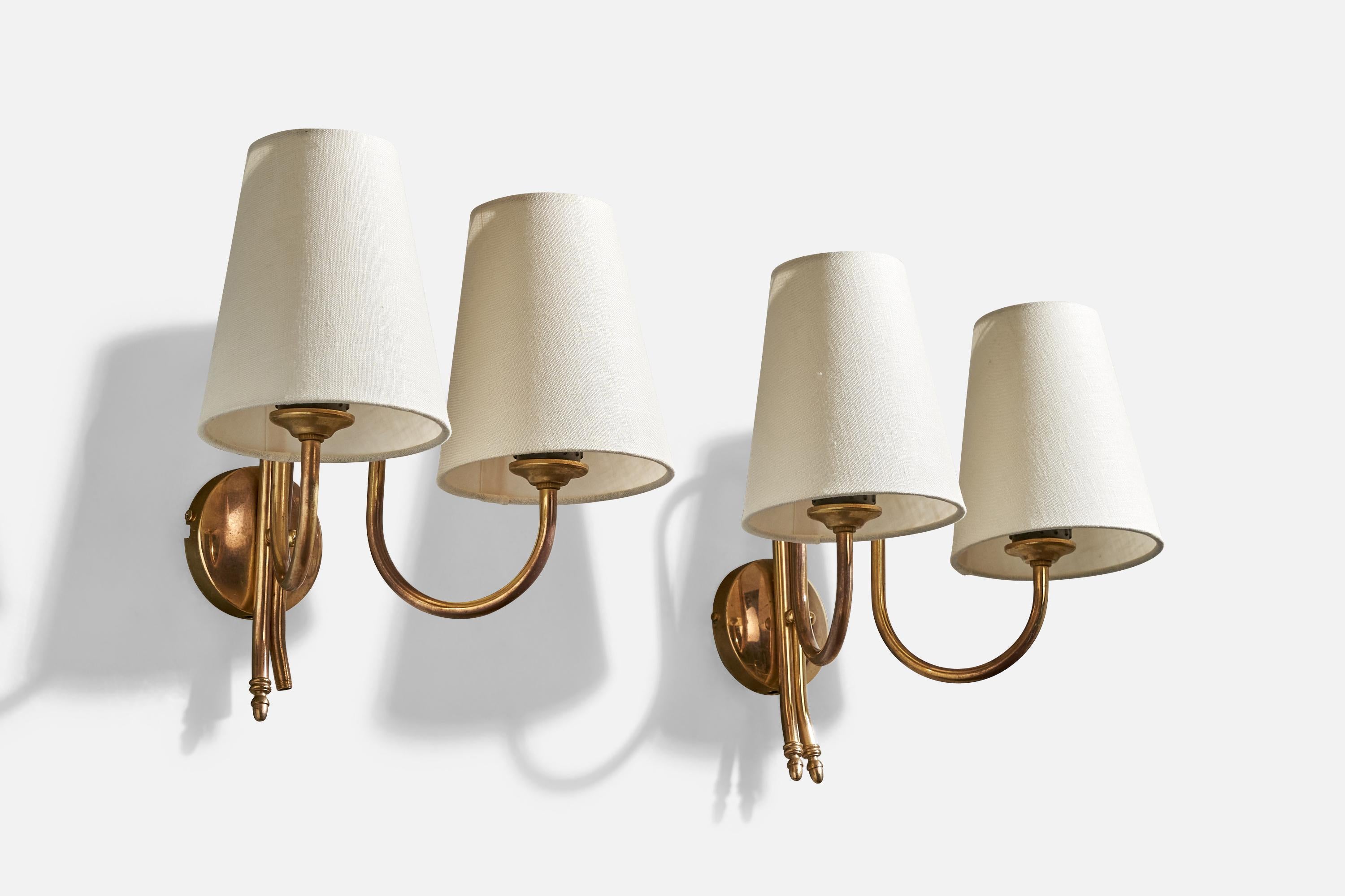 Scandinavian Modern Tr&Co, Wall Lights, Brass, Fabric, Norway, 1960s