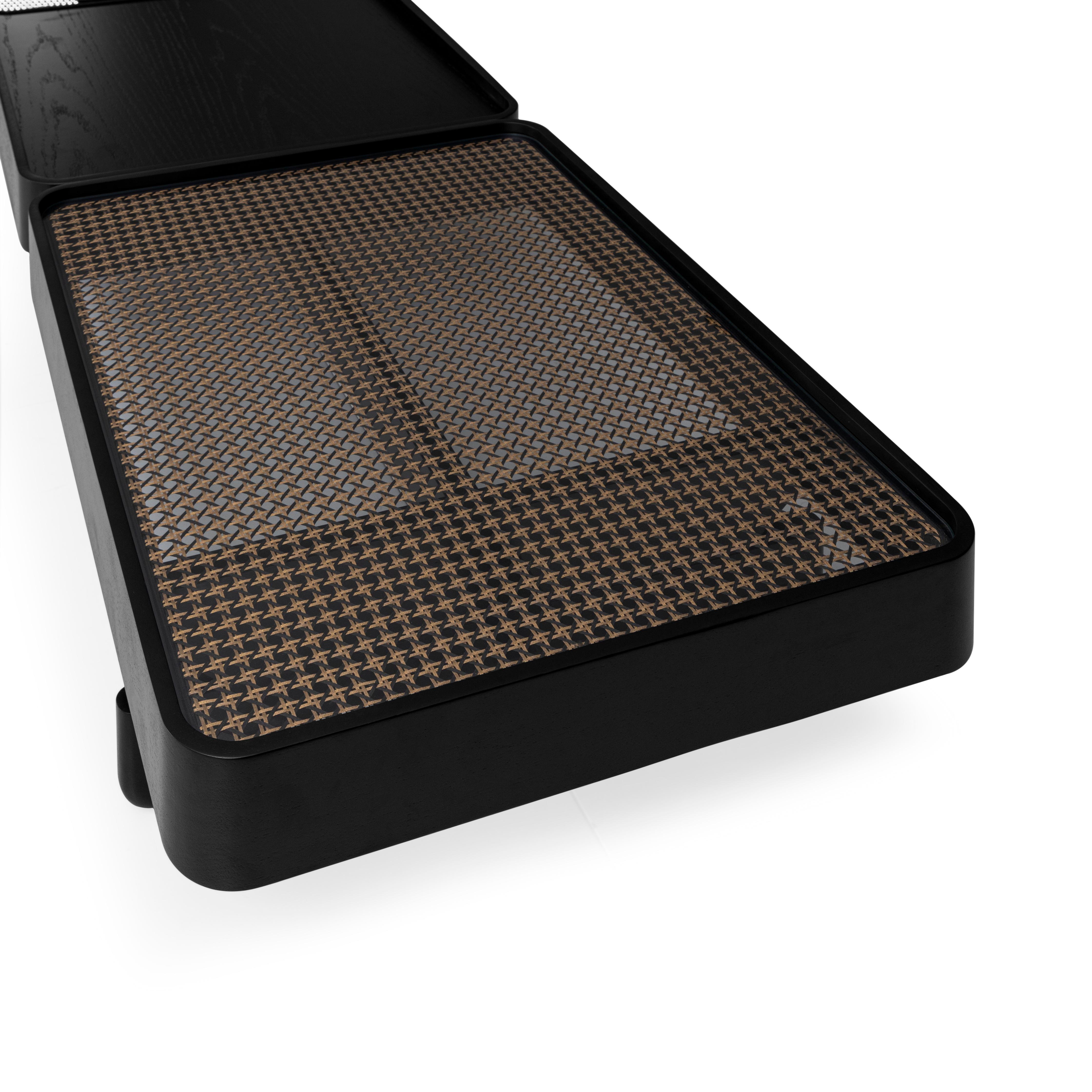 Contemporary Tre Coffee Table In Black Wood Finish and Nero Black Glass For Sale