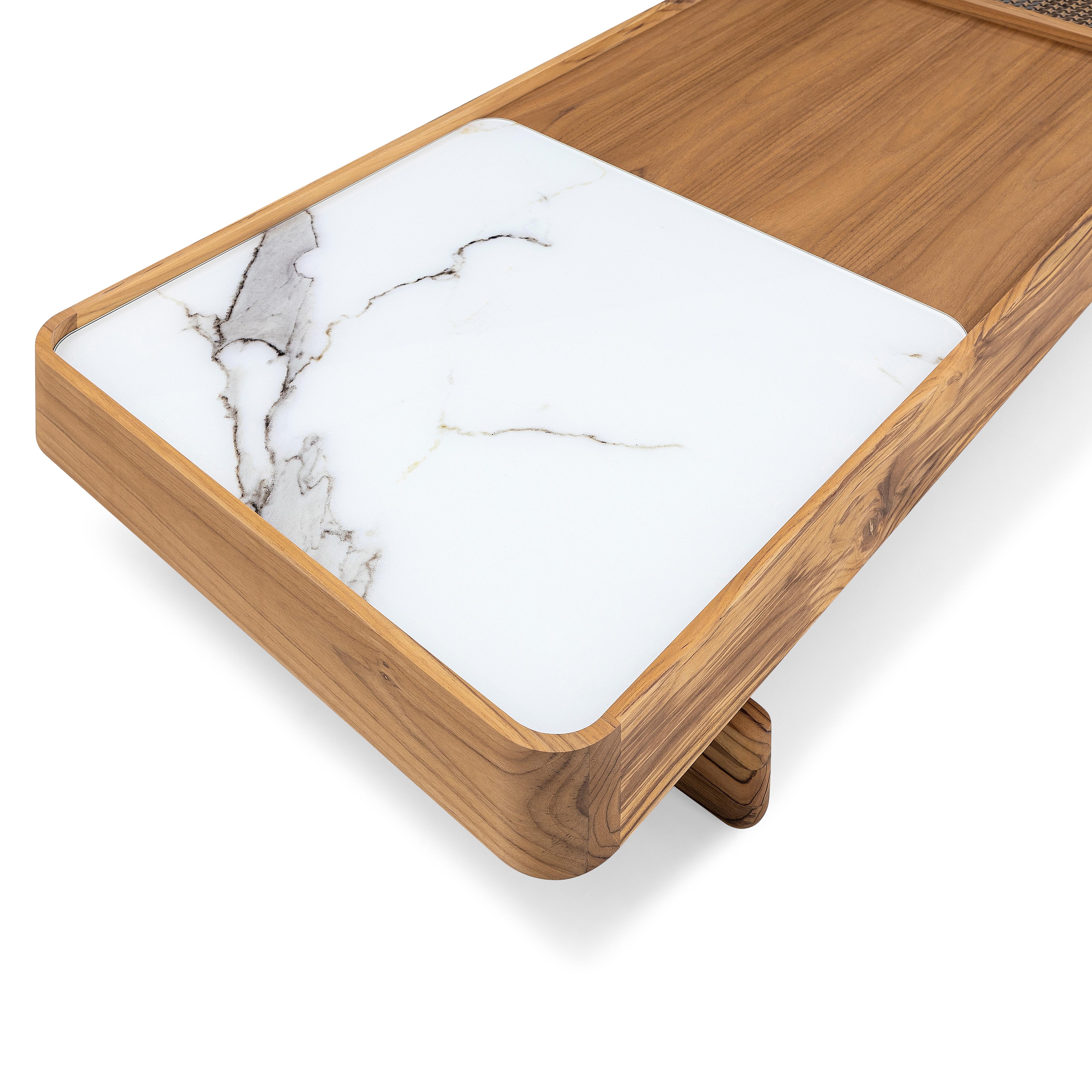 Brazilian Tre Coffee Table In Teak Wood Finish and White Carrara Glass For Sale