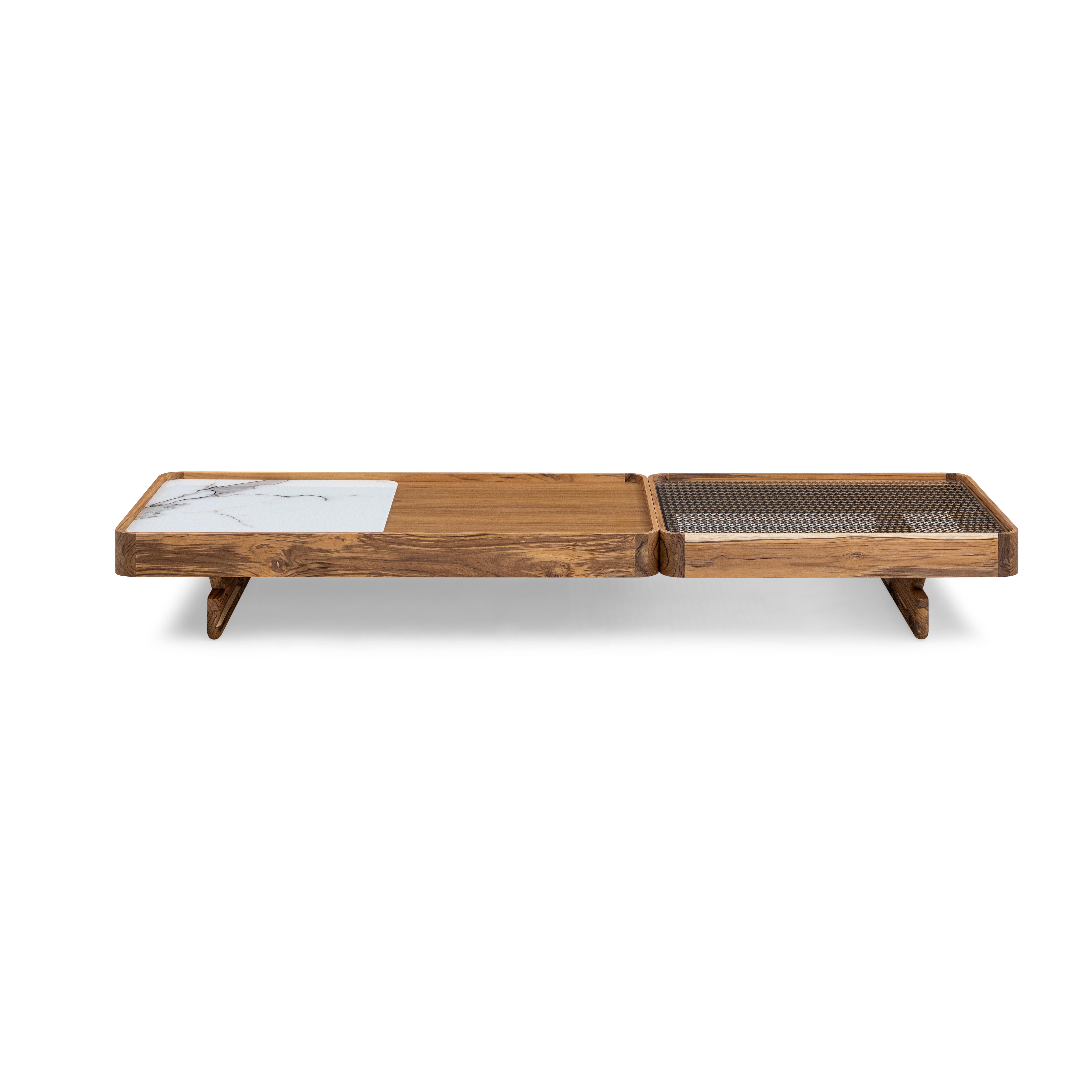 Contemporary Tre Coffee Table In Teak Wood Finish and White Carrara Glass For Sale