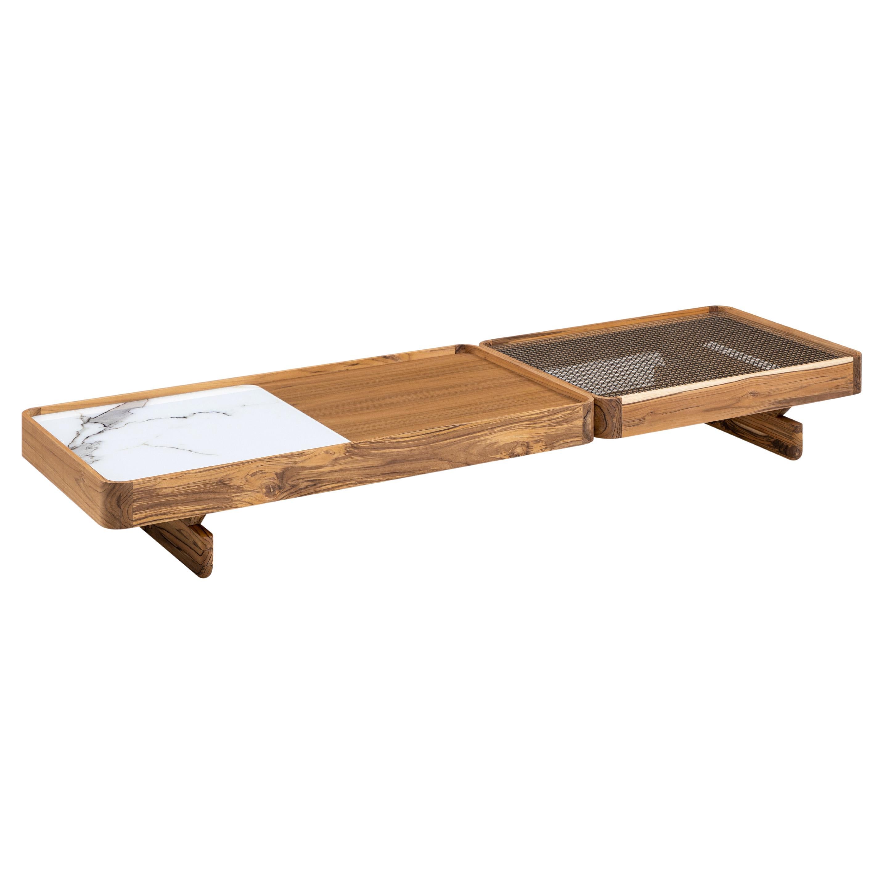 Tre Coffee Table In Teak Wood Finish and White Carrara Glass For Sale
