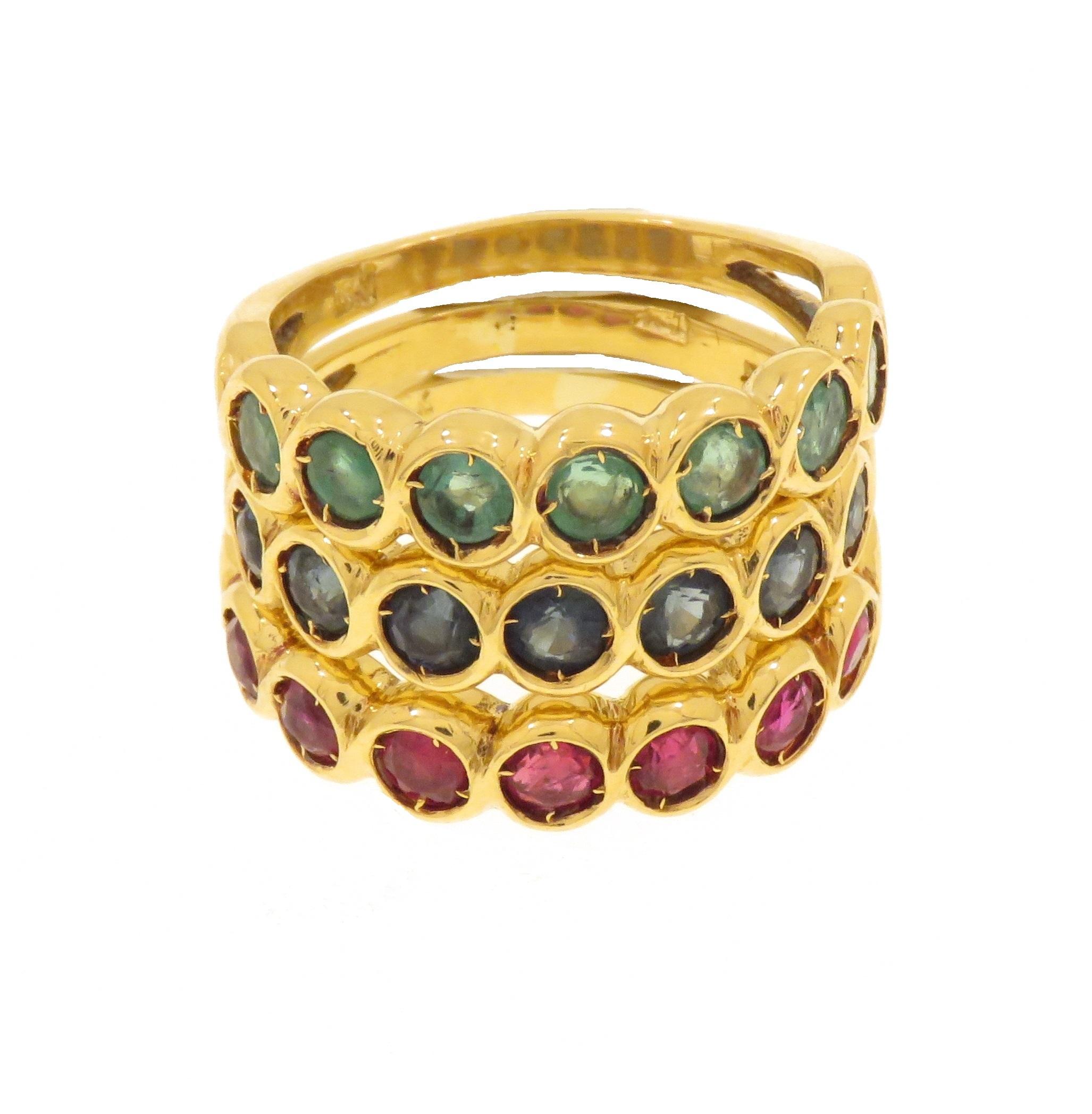 Three vintage eternity half rings in 18k yellow gold made te hand.
One with 7 emeralds of about 1 ct.
One with 7 rubies of about 1 ct.
One with 7 sapphires of about 1 ct.
Each stone measures 3 mm in diameter.
Finger size: US 5.5, Italy 11, France